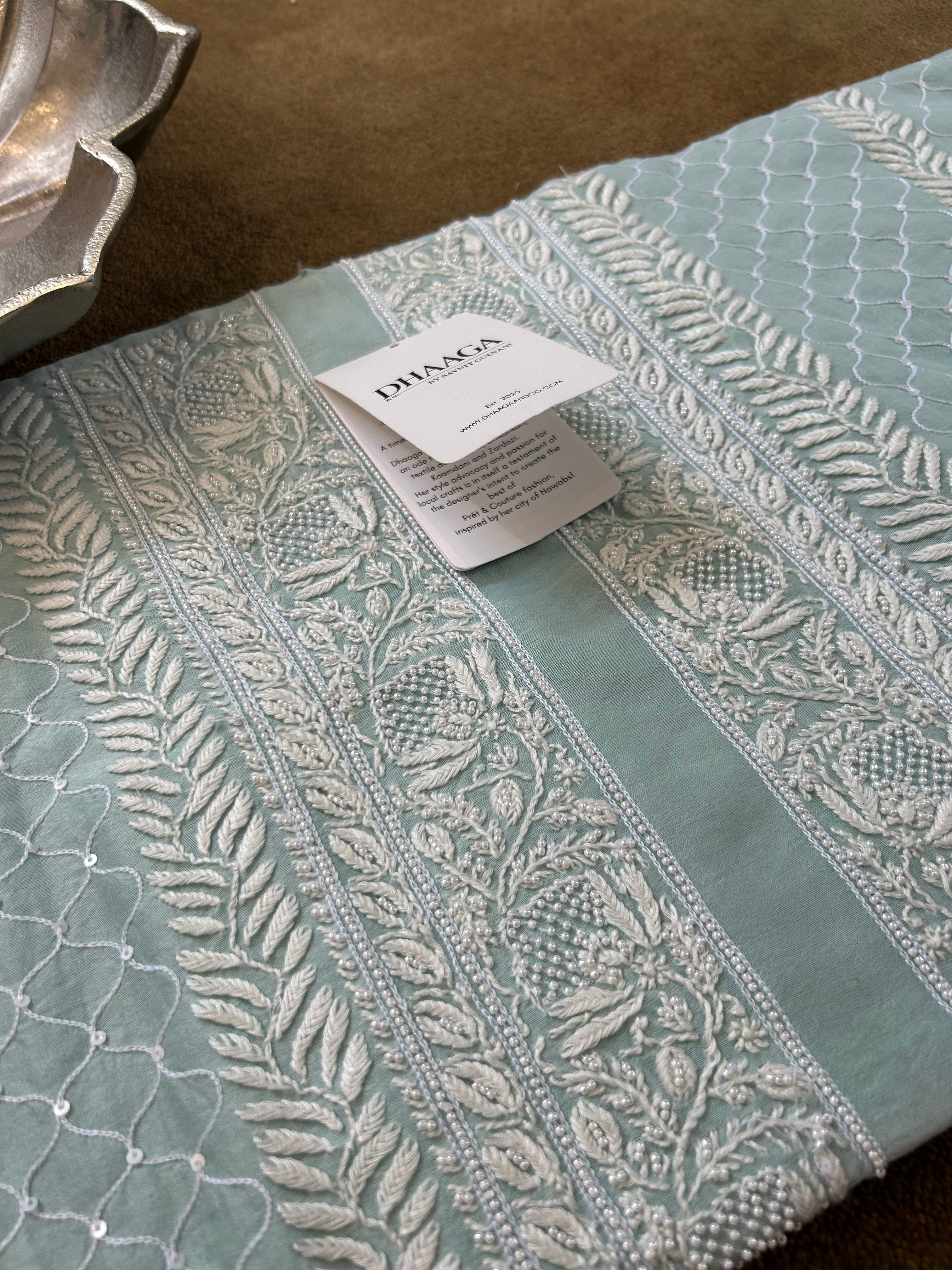 Green Chanderi Chikankari Mens Kurta