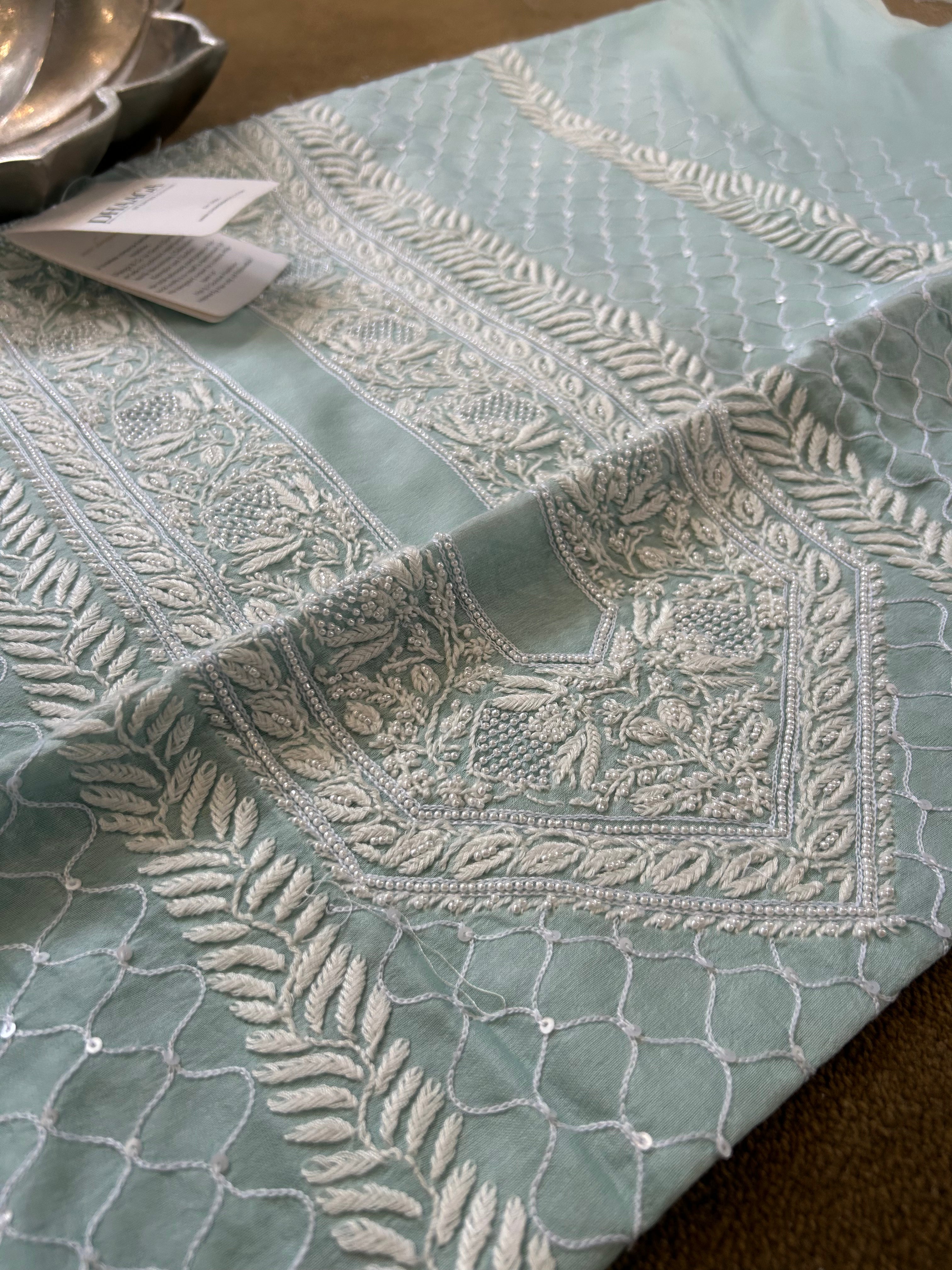 Green Chanderi Chikankari Mens Kurta