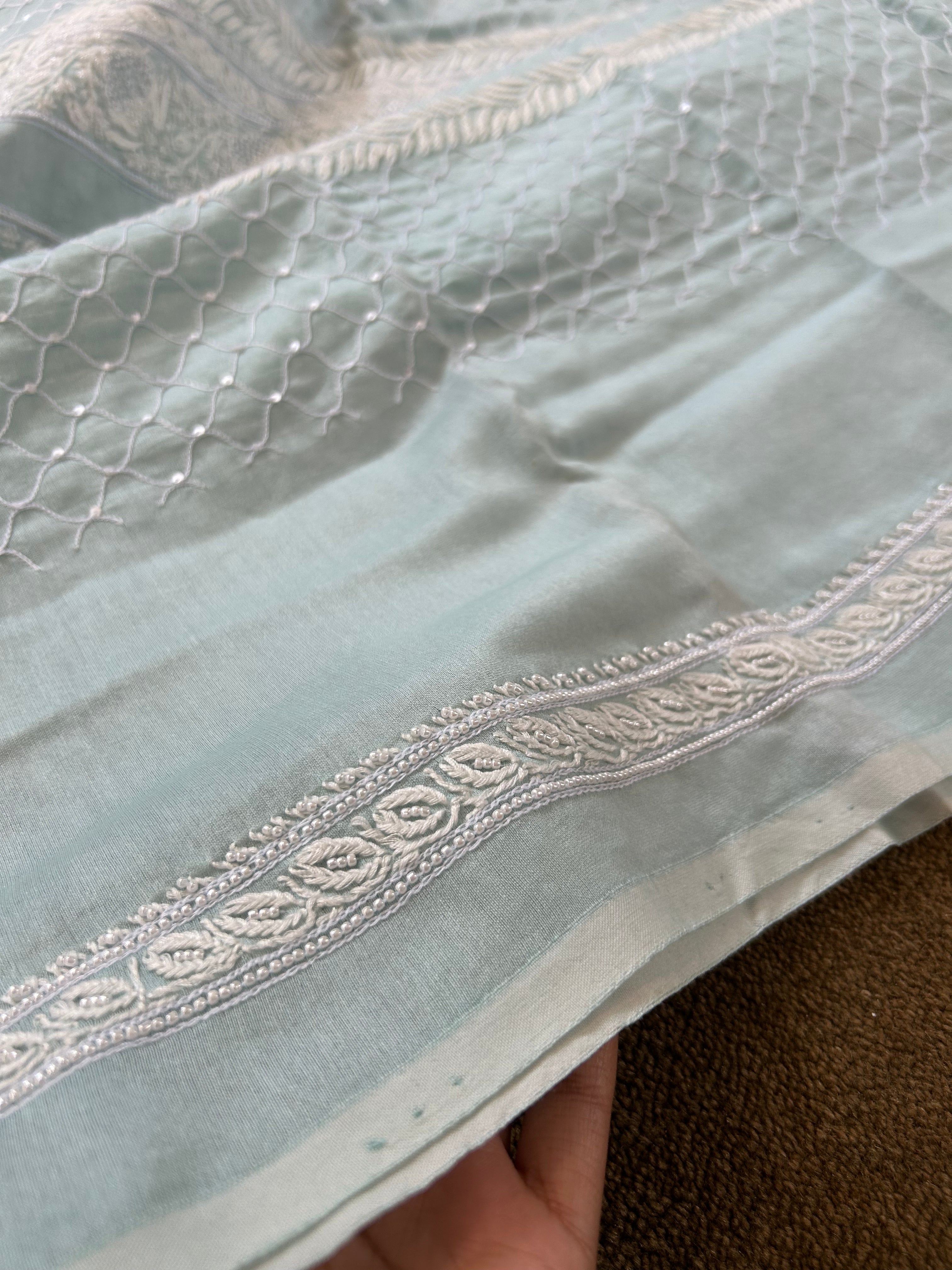 Green Chanderi Chikankari Mens Kurta