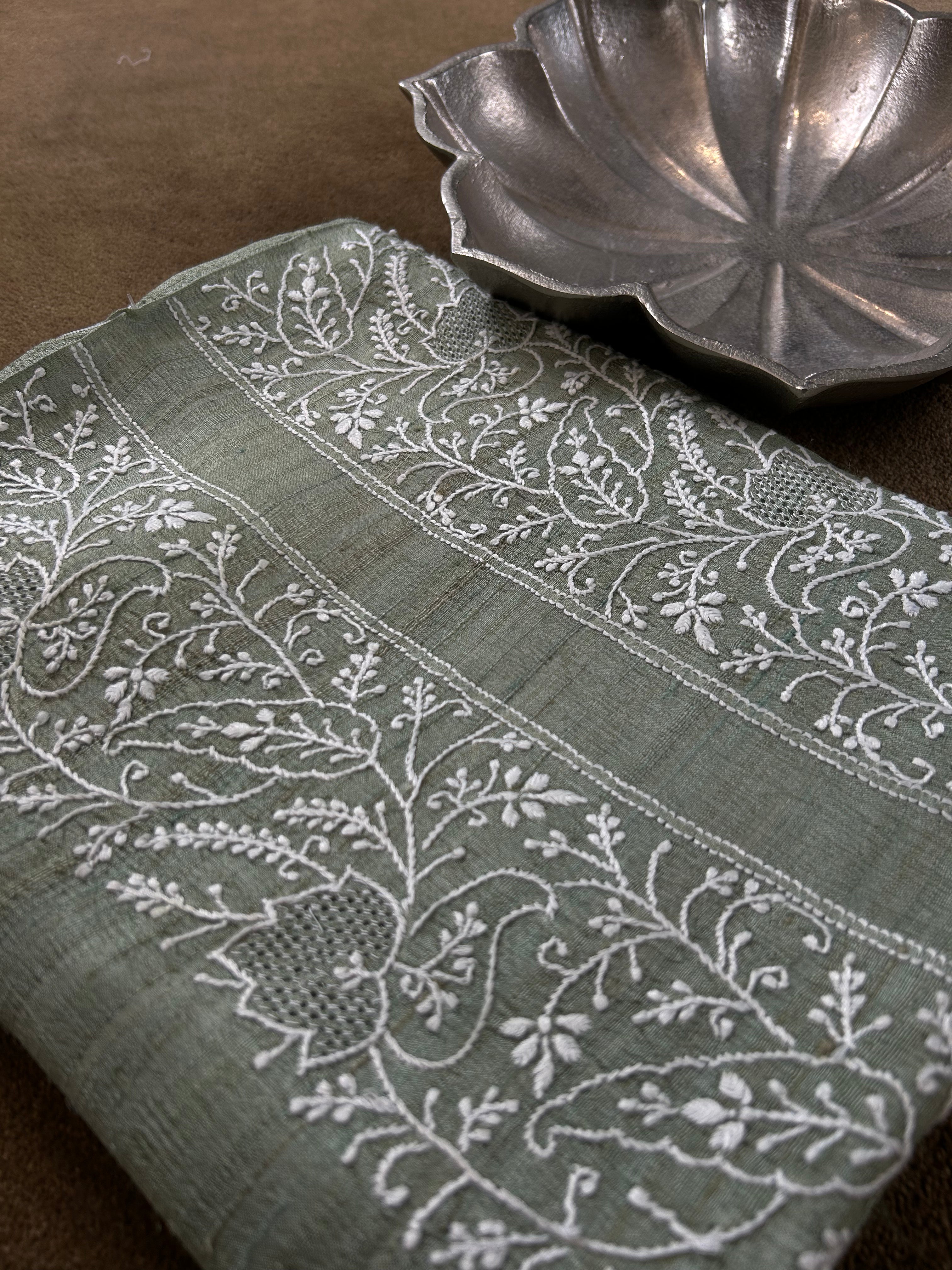 Green Tussar Silk Chikankari Mens Kurta