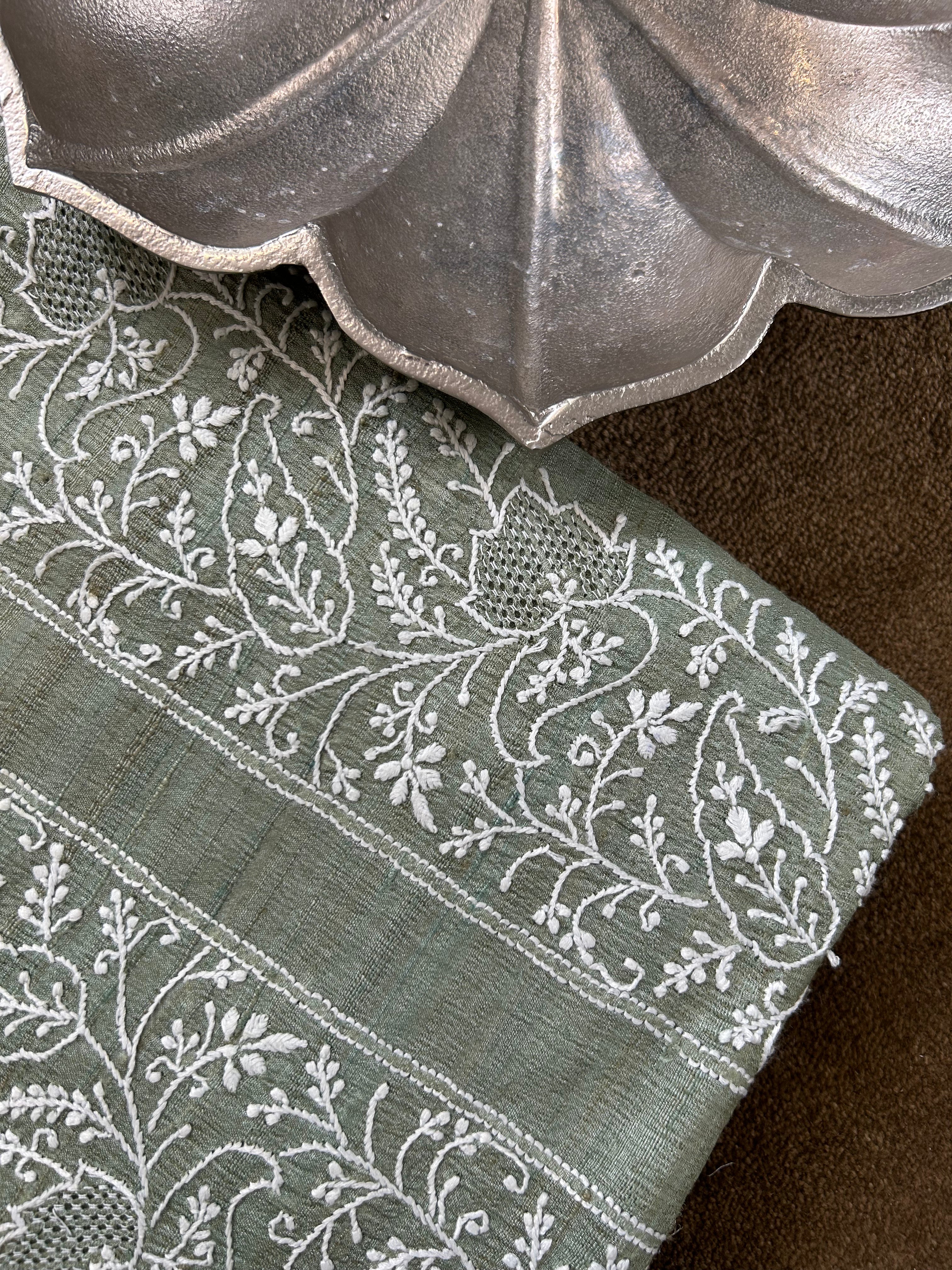 Green Tussar Silk Chikankari Mens Kurta