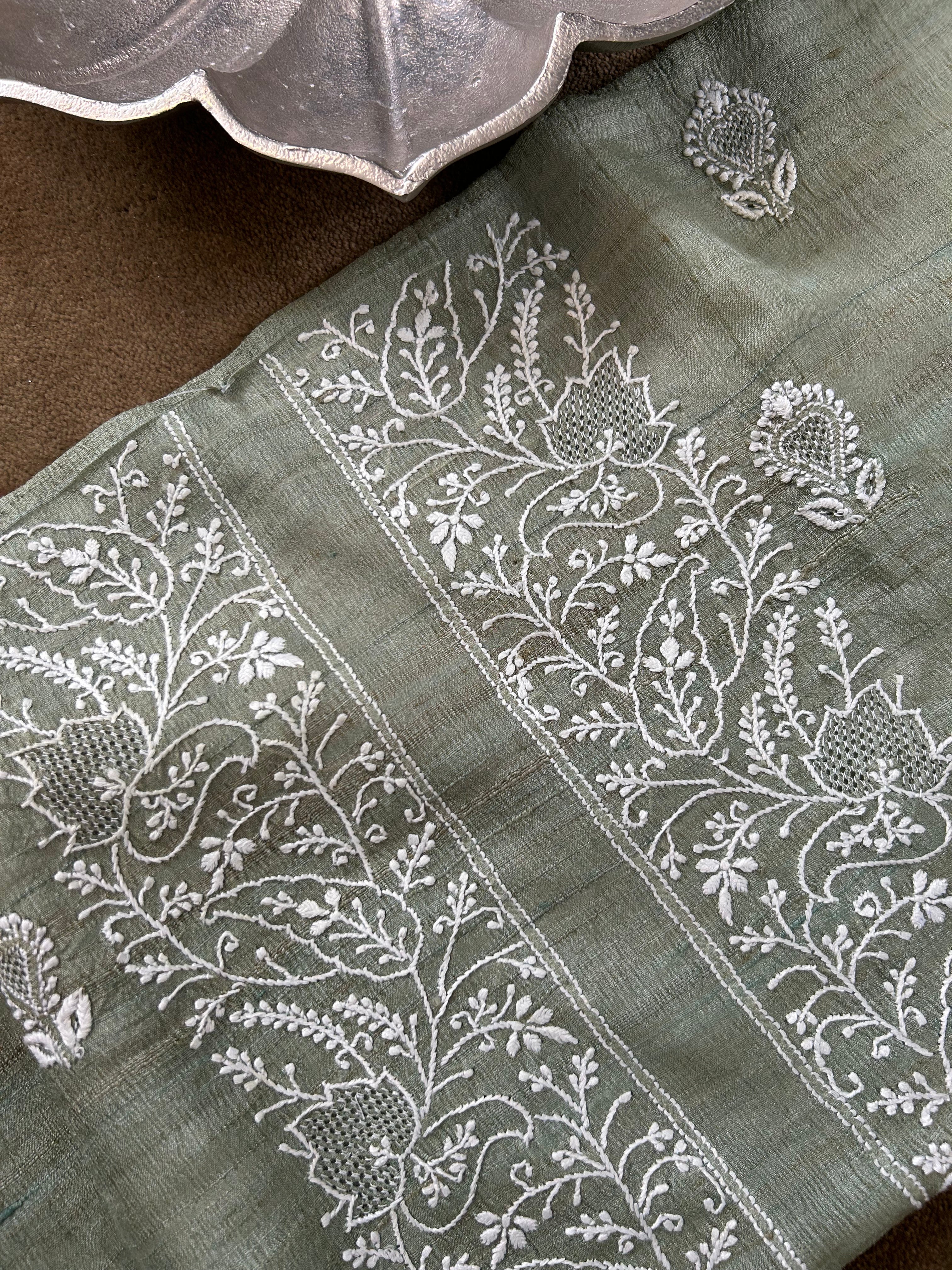 Green Tussar Silk Chikankari Mens Kurta