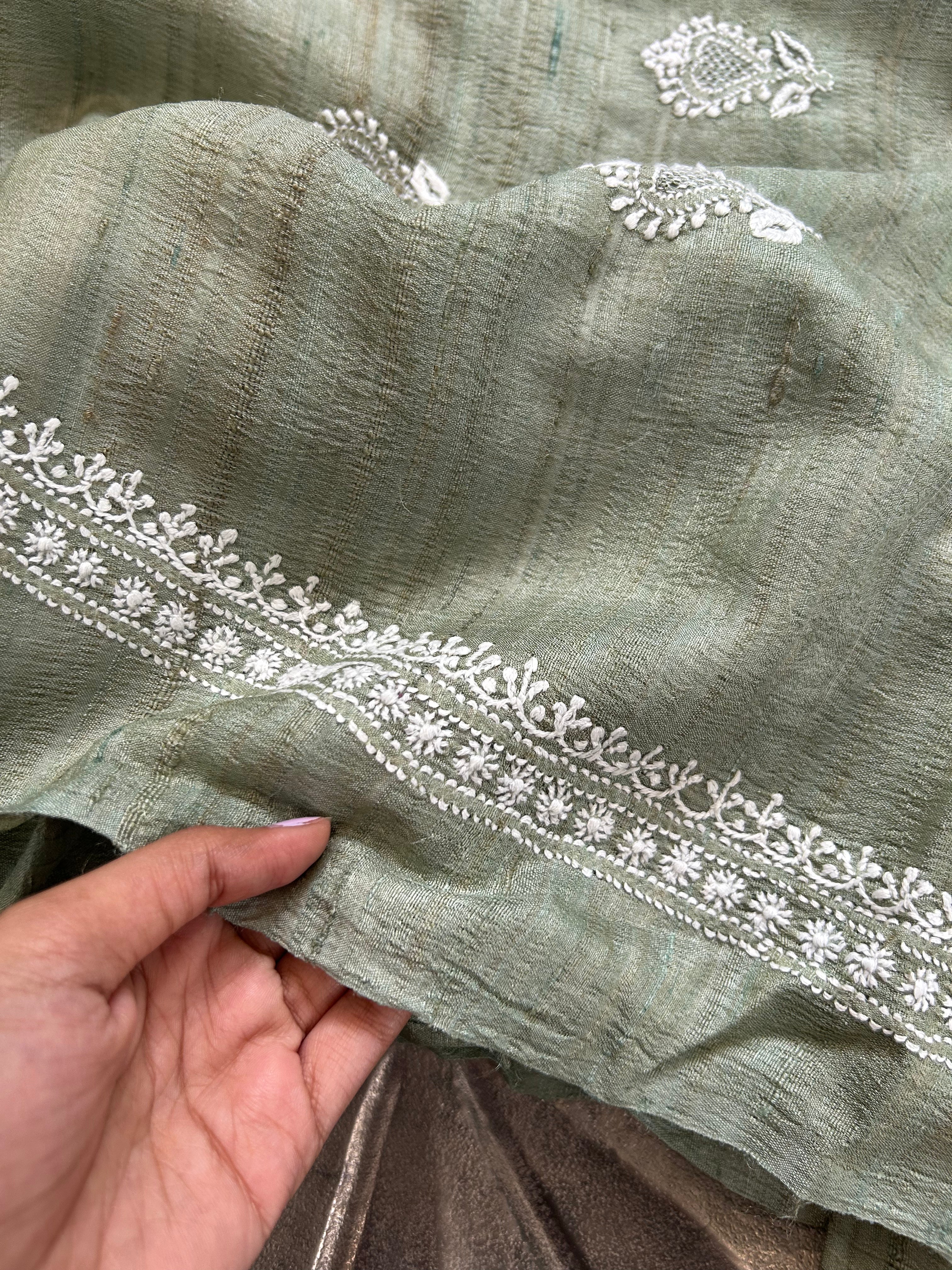 Green Tussar Silk Chikankari Mens Kurta