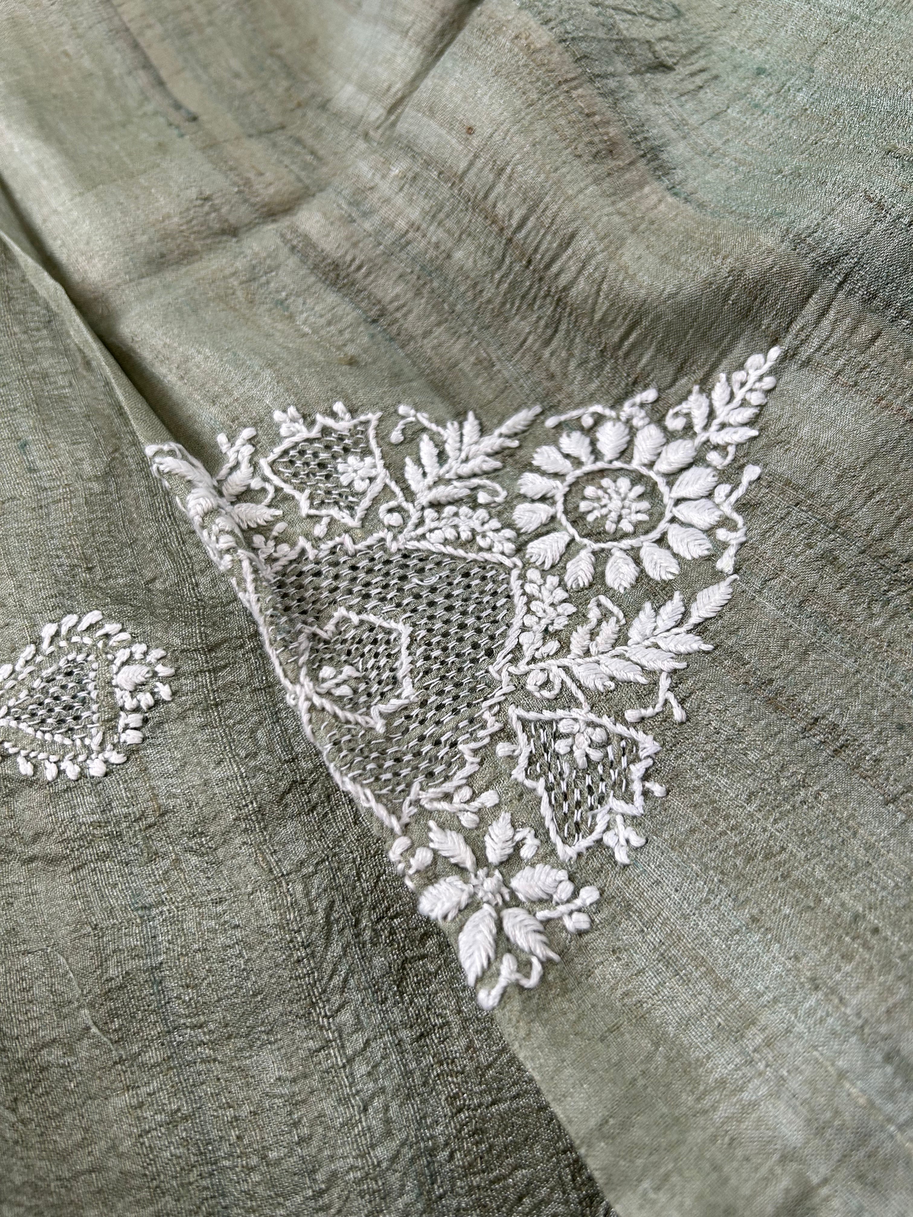 Green Tussar Silk Chikankari Mens Kurta
