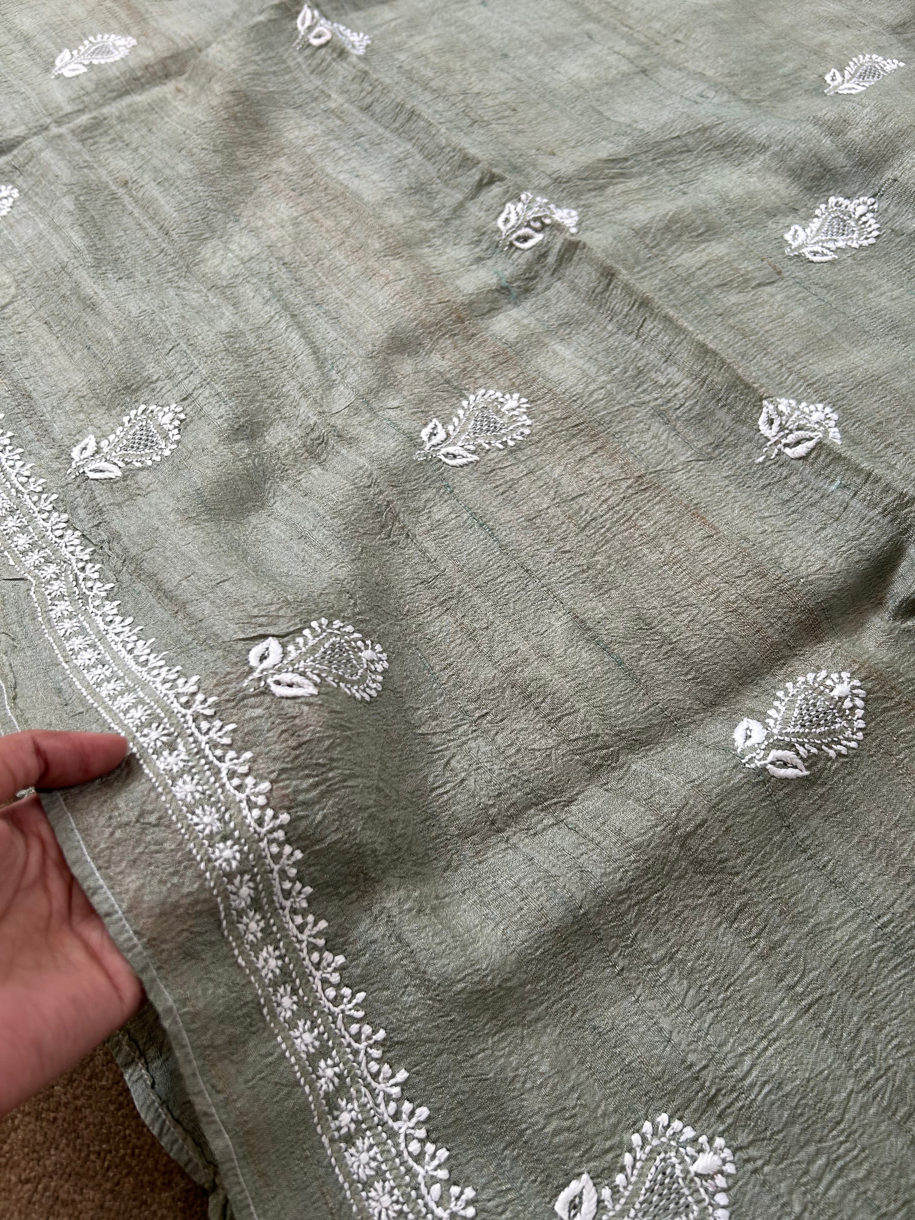 Green Tussar Silk Chikankari Mens Kurta
