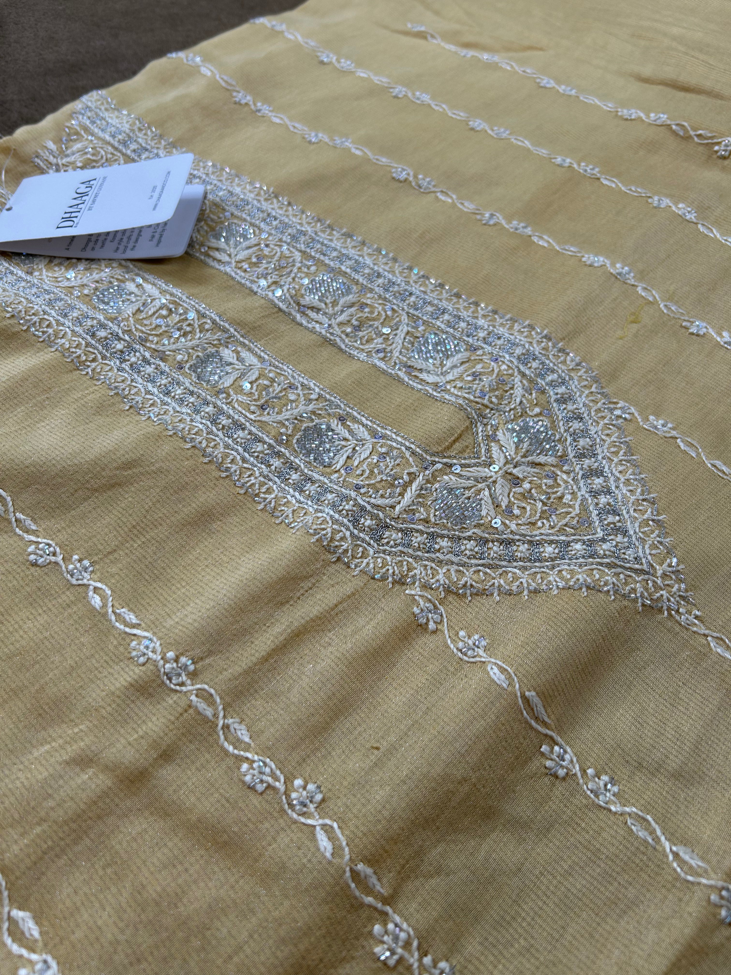 Yellow Silver Tissue Chikankari Mens Kurta