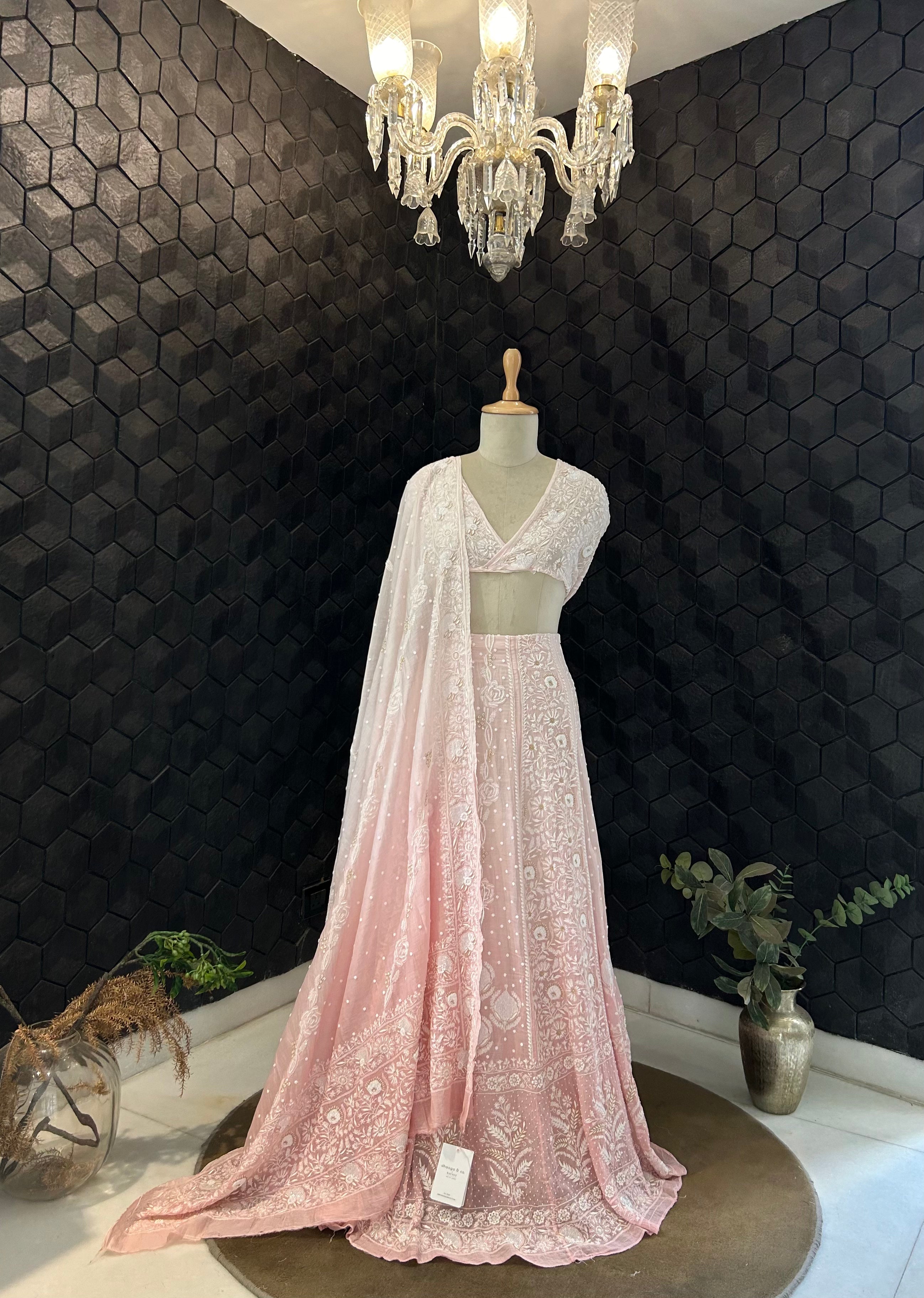 Pink Mul Chanderi Chikankari Lehenga Set