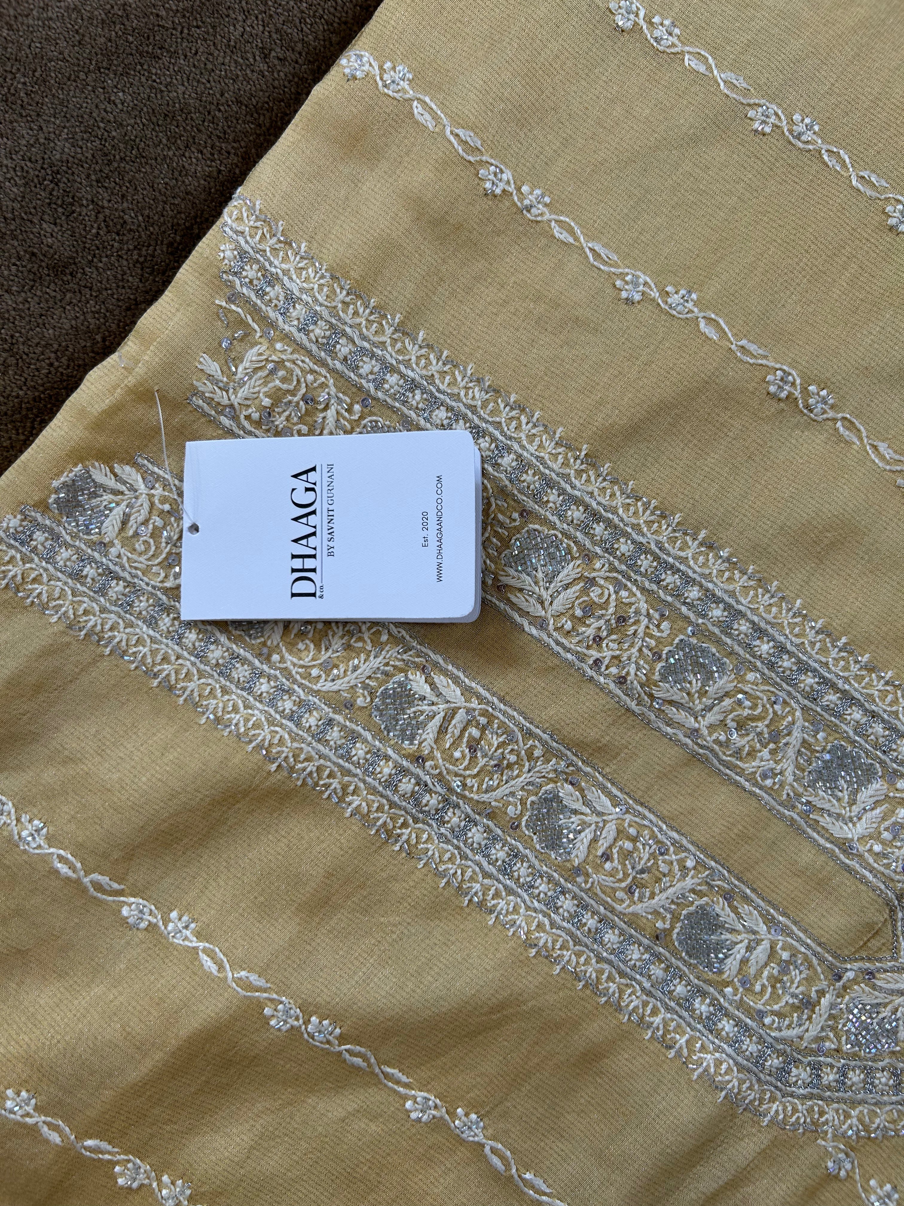 Yellow Silver Tissue Chikankari Mens Kurta