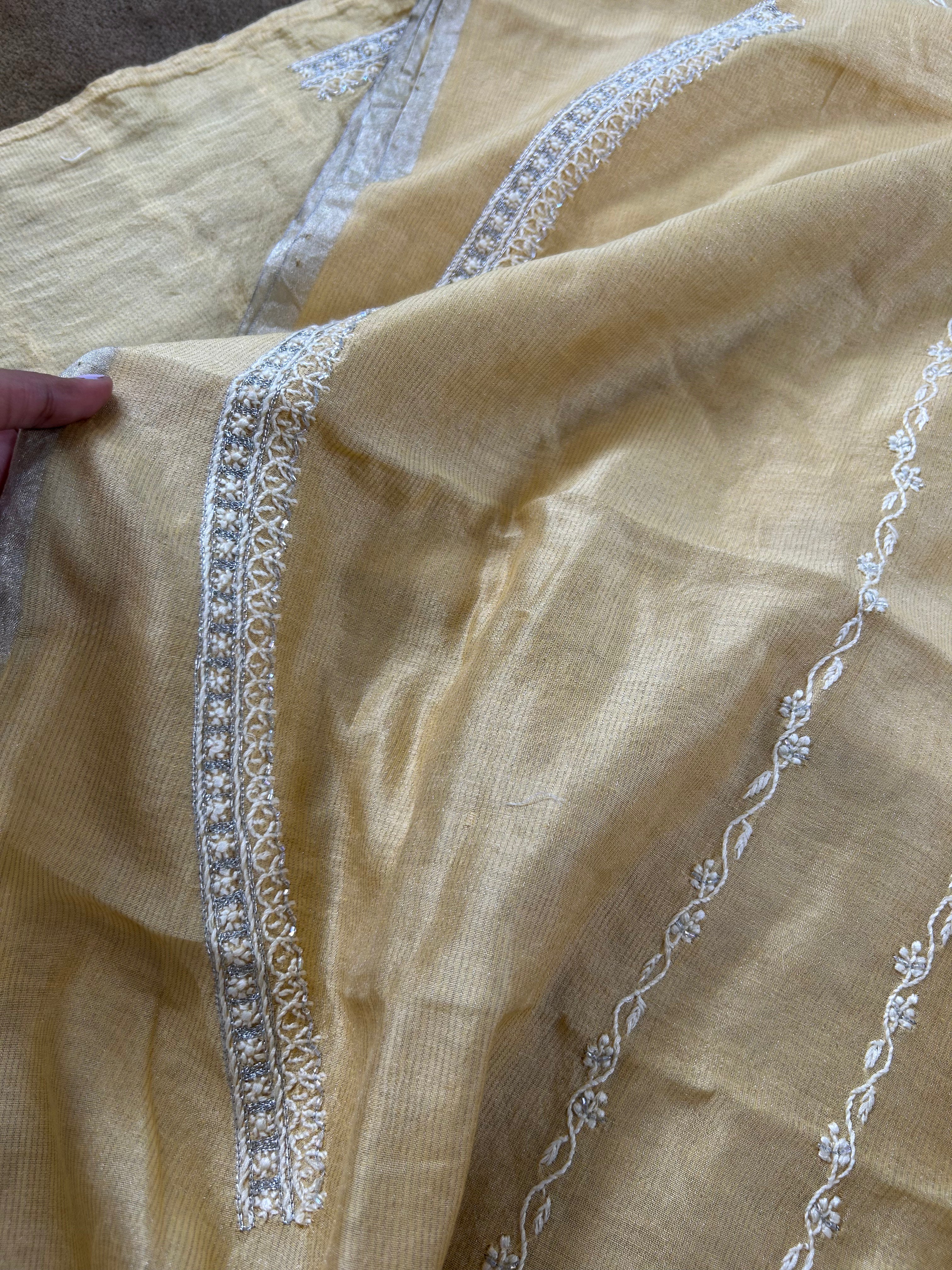 Yellow Silver Tissue Chikankari Mens Kurta