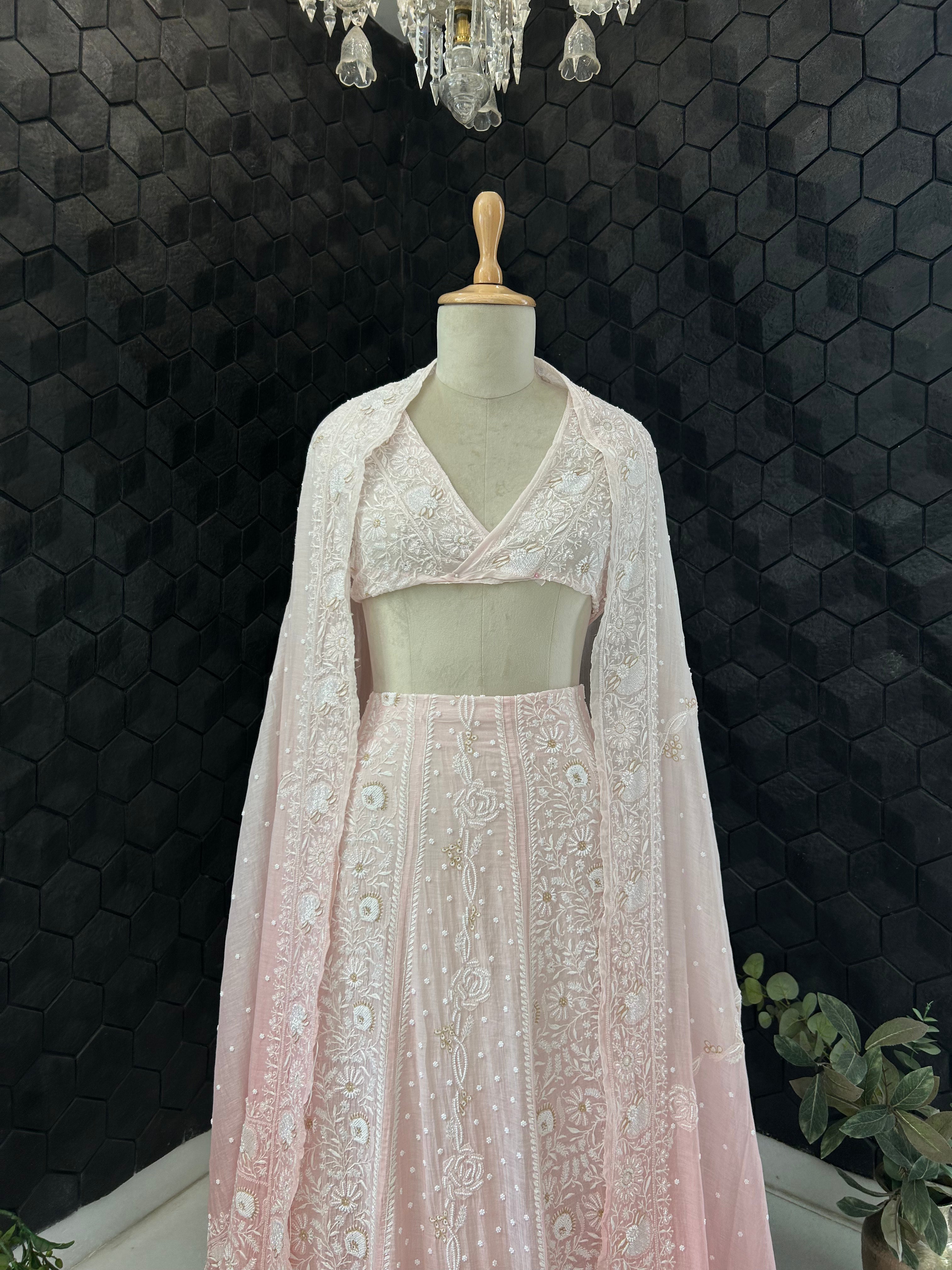 Pink Mul Chanderi Chikankari Lehenga Set