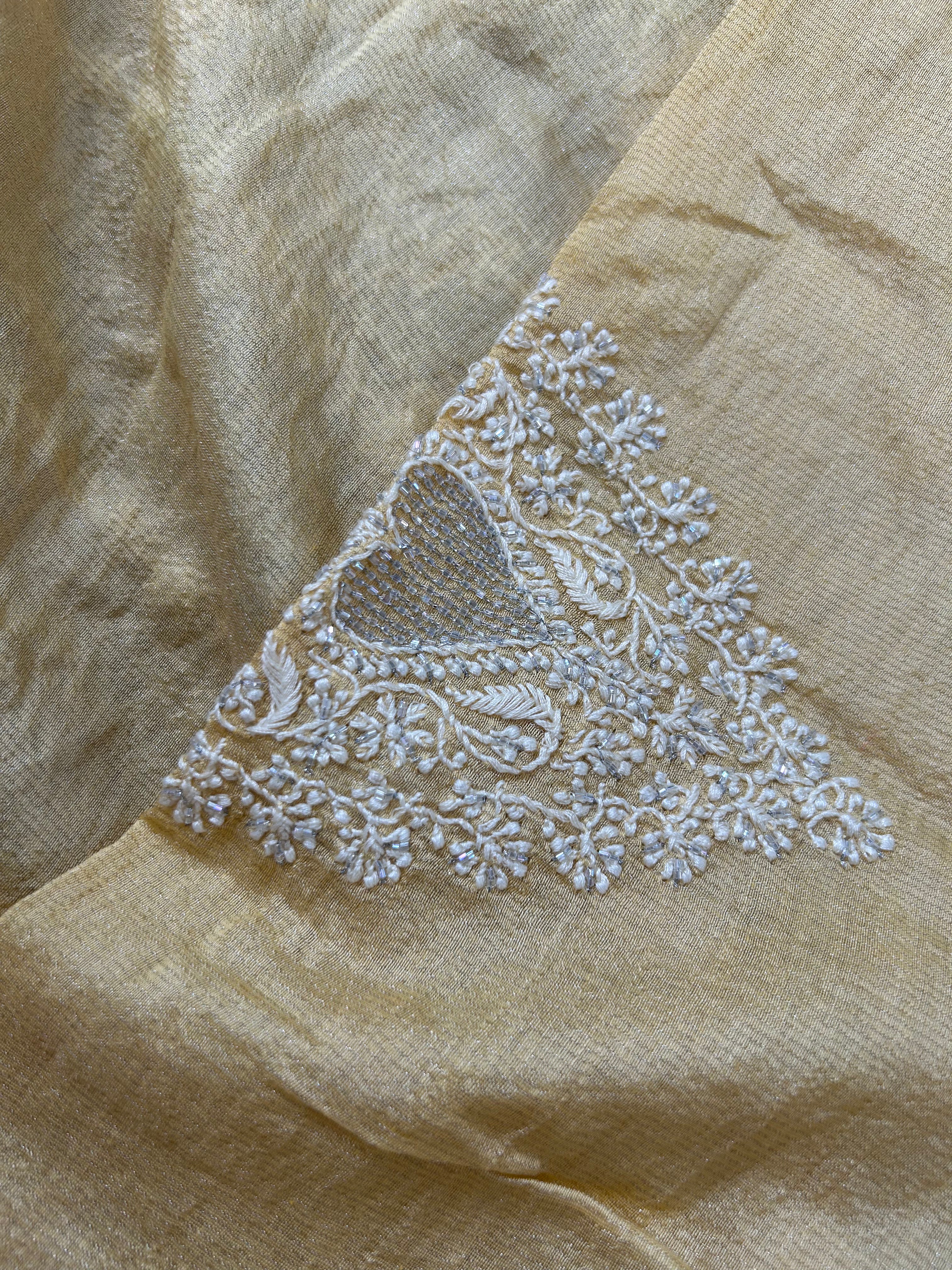 Yellow Silver Tissue Chikankari Mens Kurta