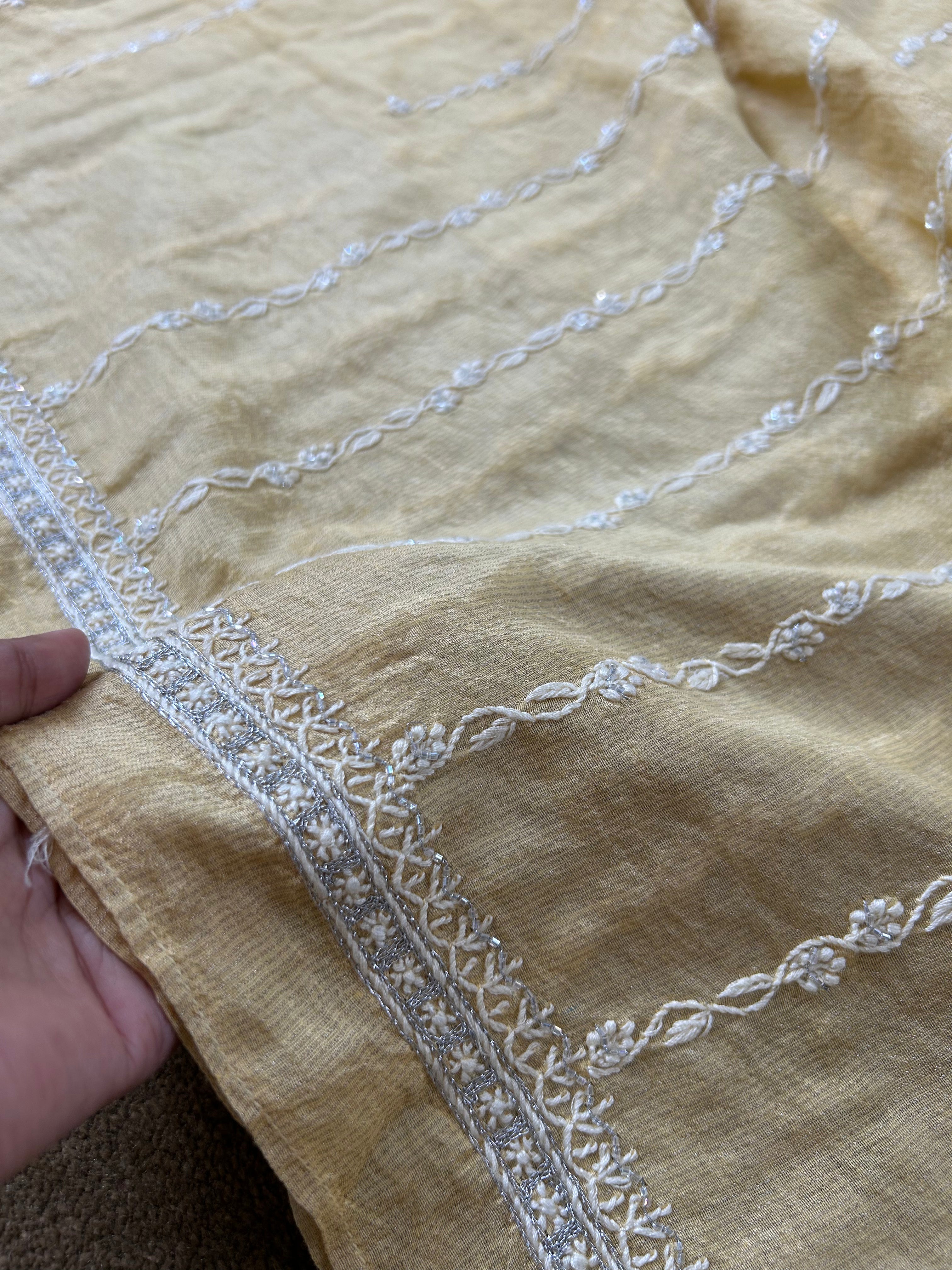 Yellow Silver Tissue Chikankari Mens Kurta