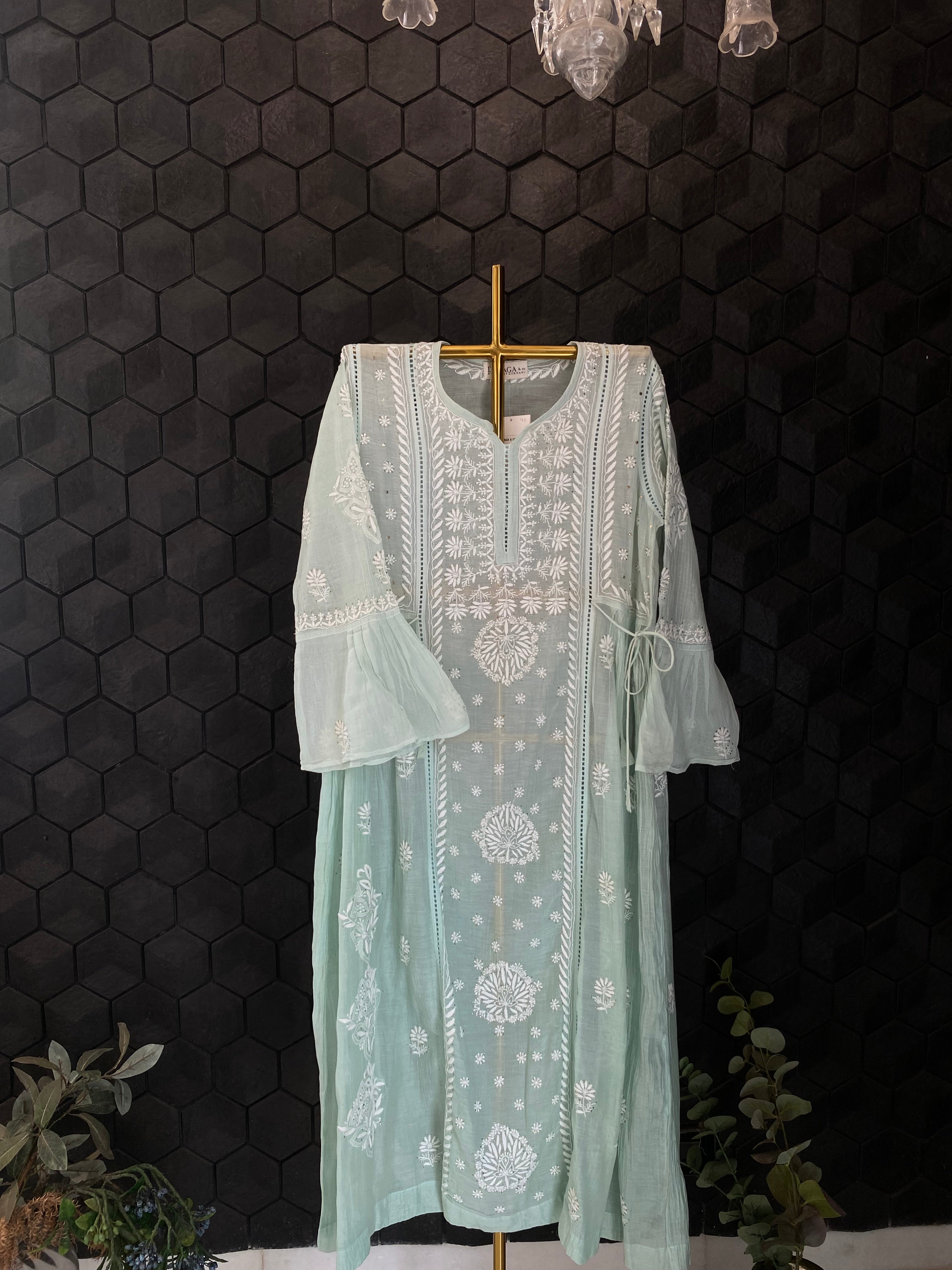Sea Green Chanderi Chikankari and Mukaish dress