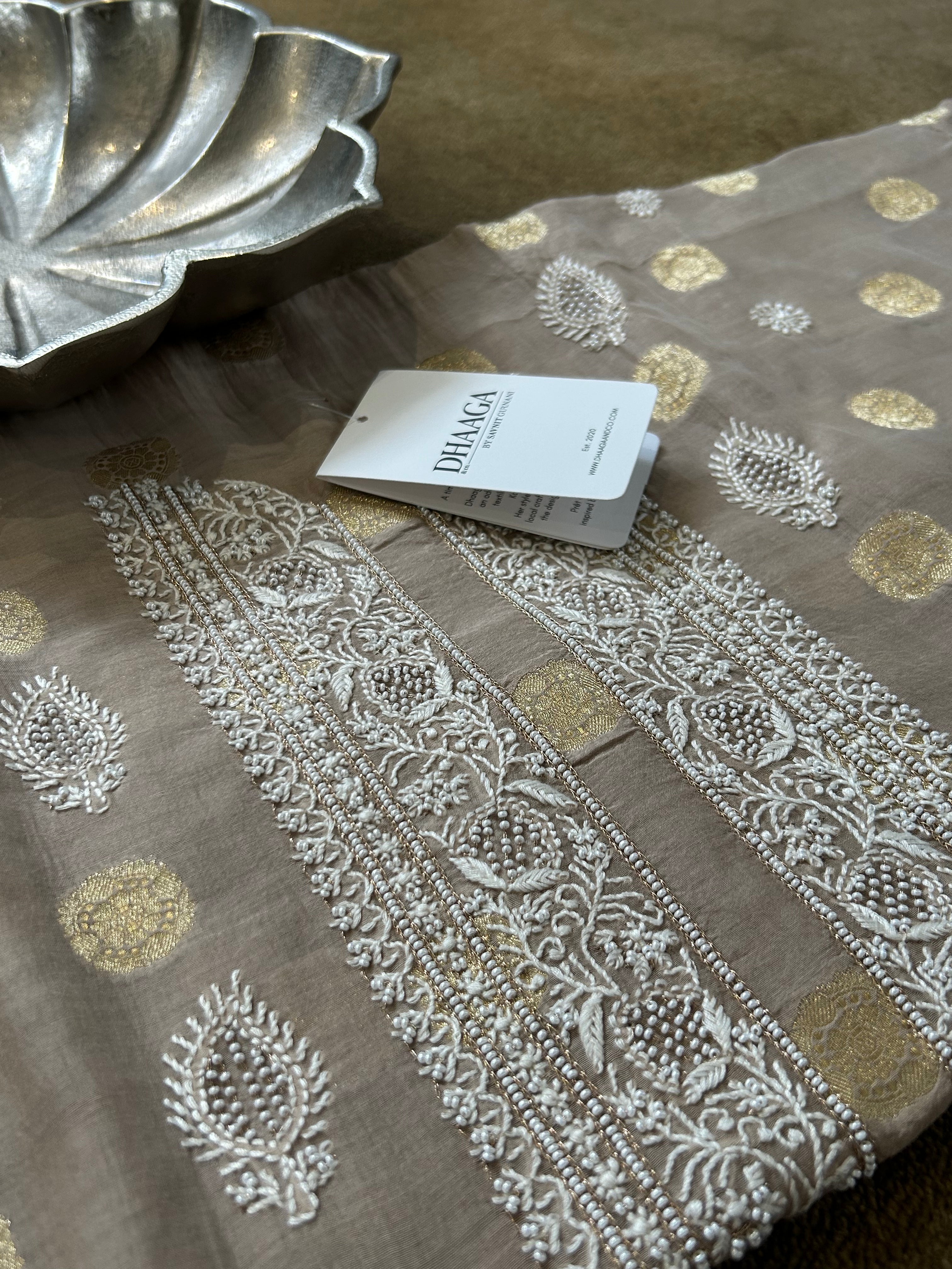 Brown Mul chanderi chikankari mens kurta