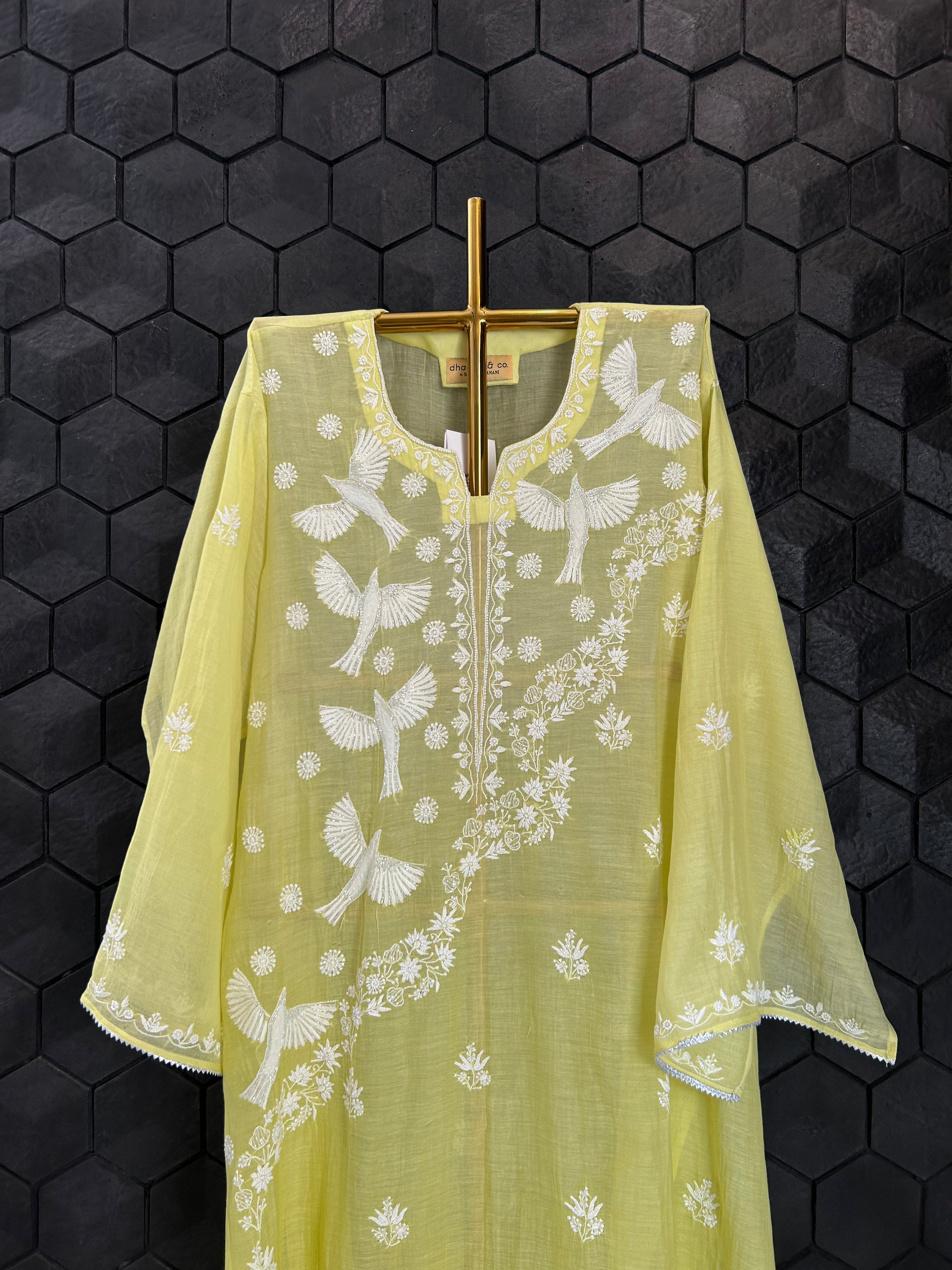 Lime Green Mul Chanderi Chikankari Kurta Set