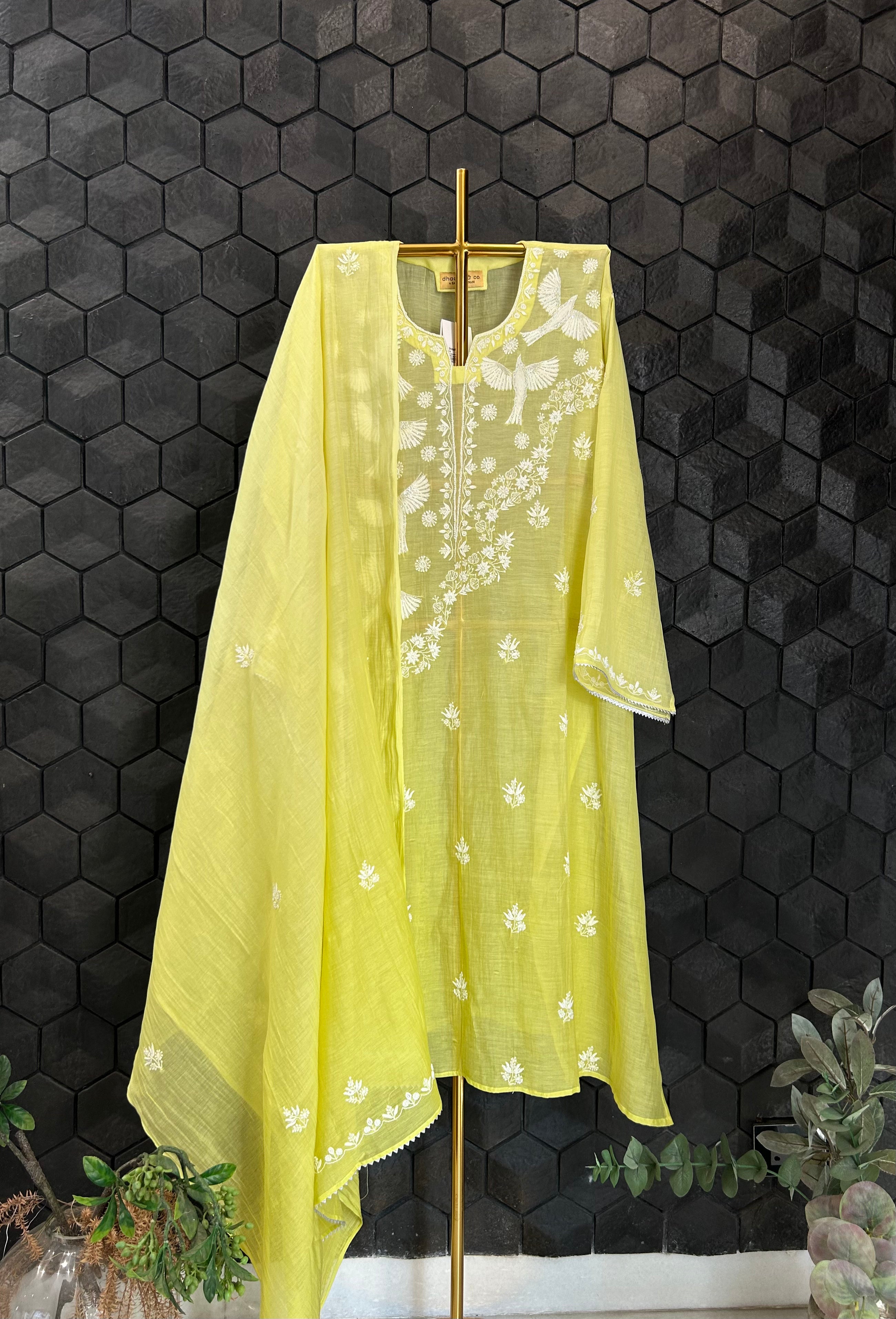 Lime Green Mul Chanderi Chikankari Kurta Set