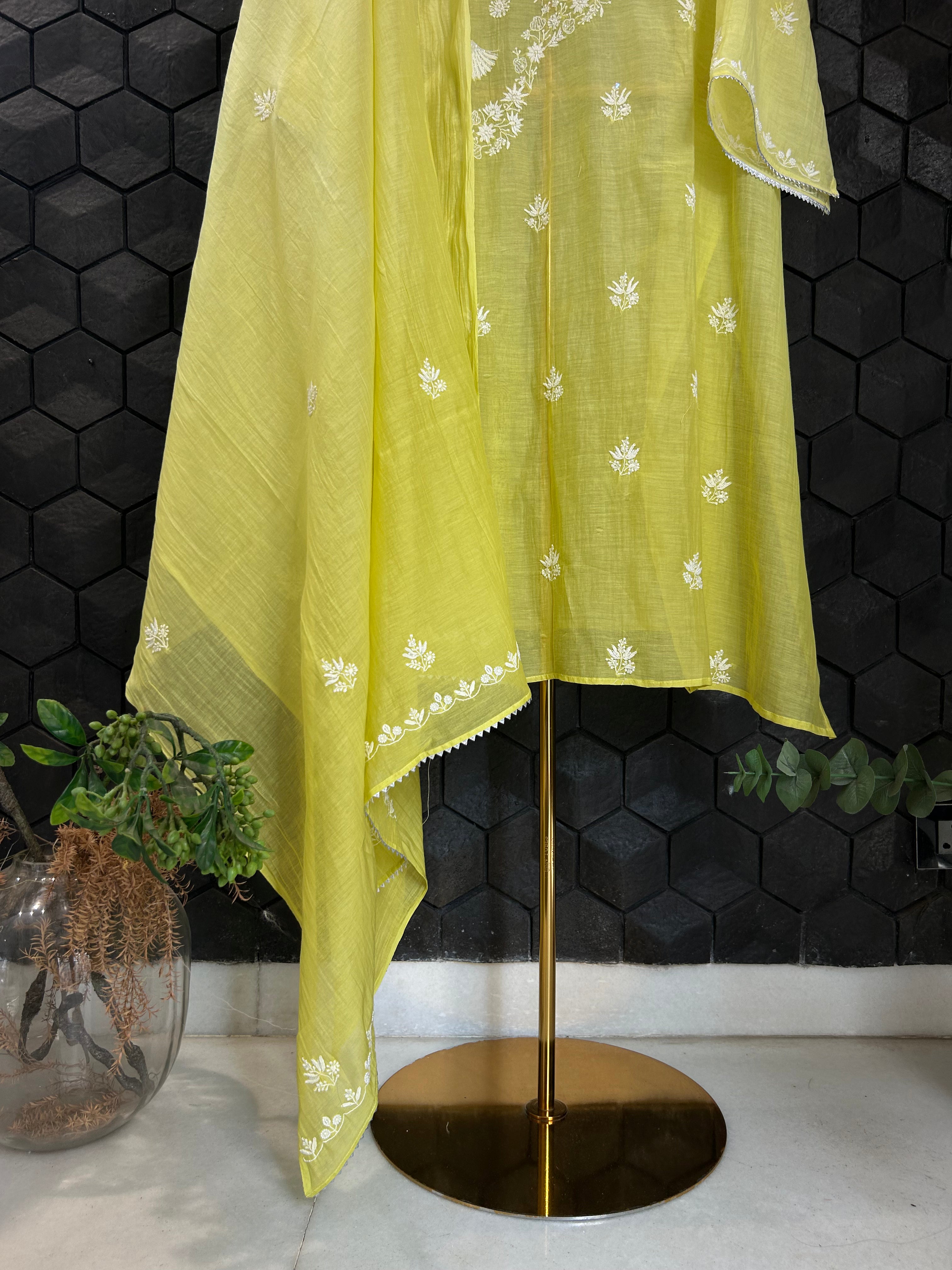 Lime Green Mul Chanderi Chikankari Kurta Set