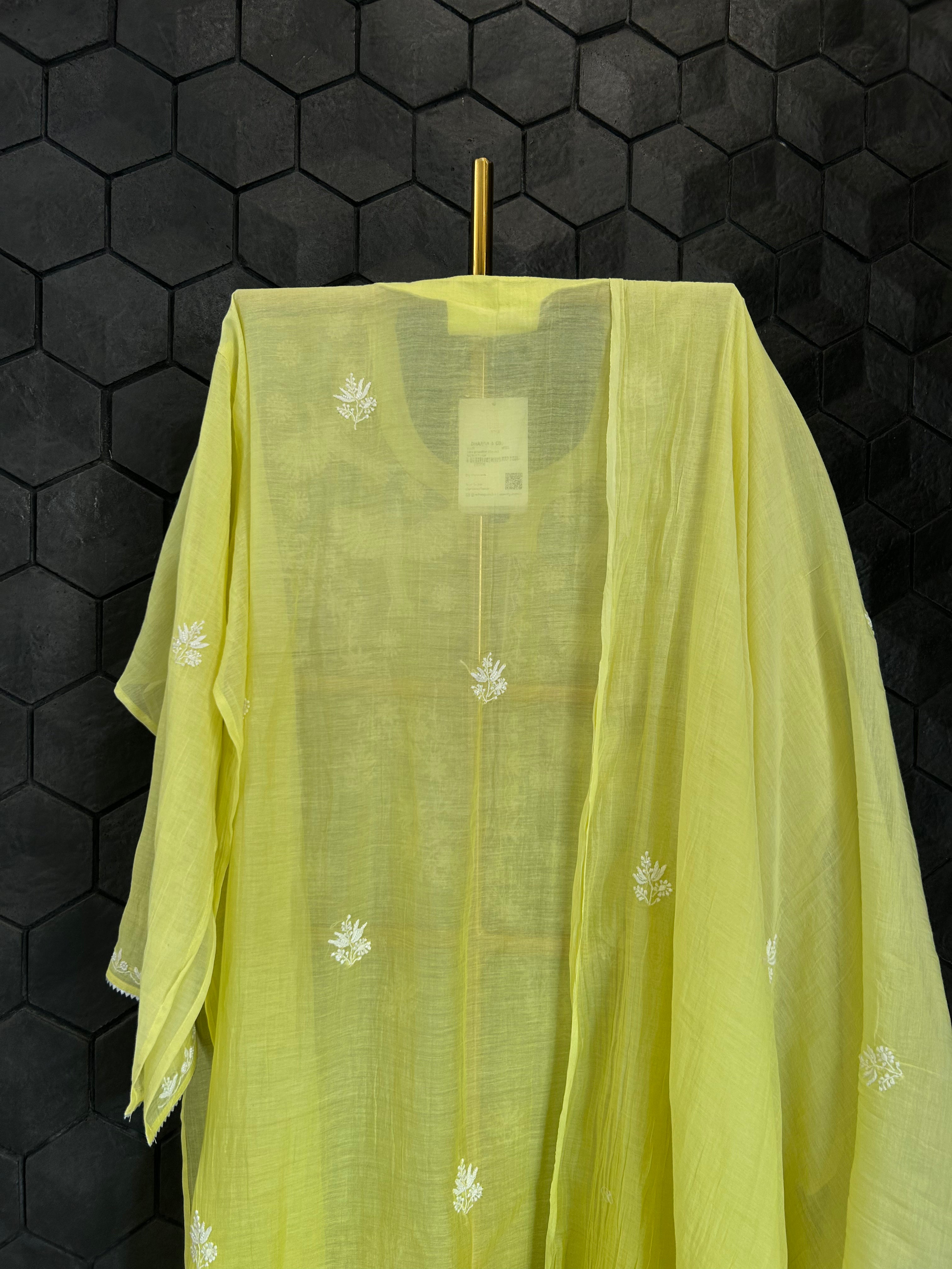 Lime Green Mul Chanderi Chikankari Kurta Set