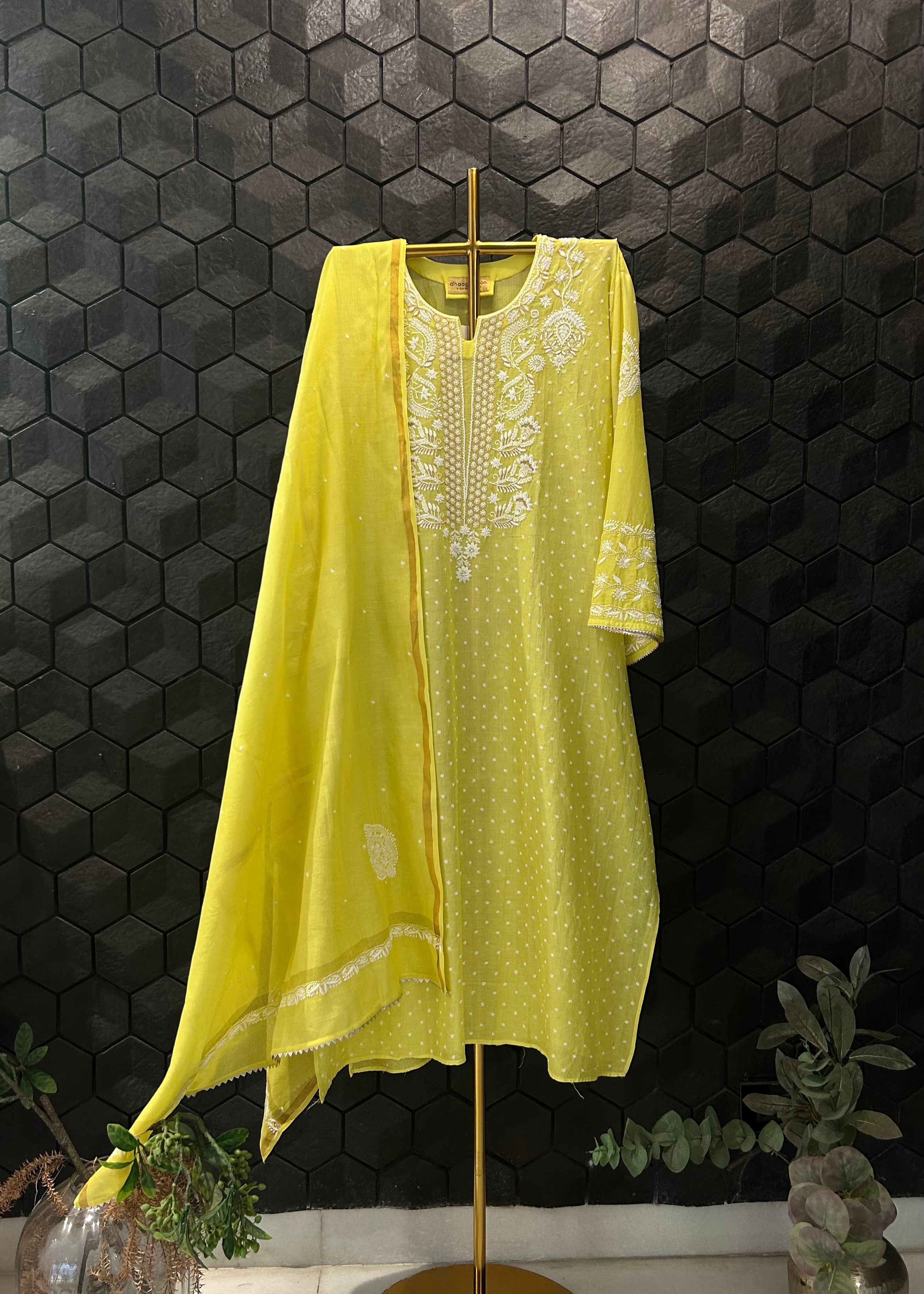 Lime Green Maheshwari Chikankari kurta Set