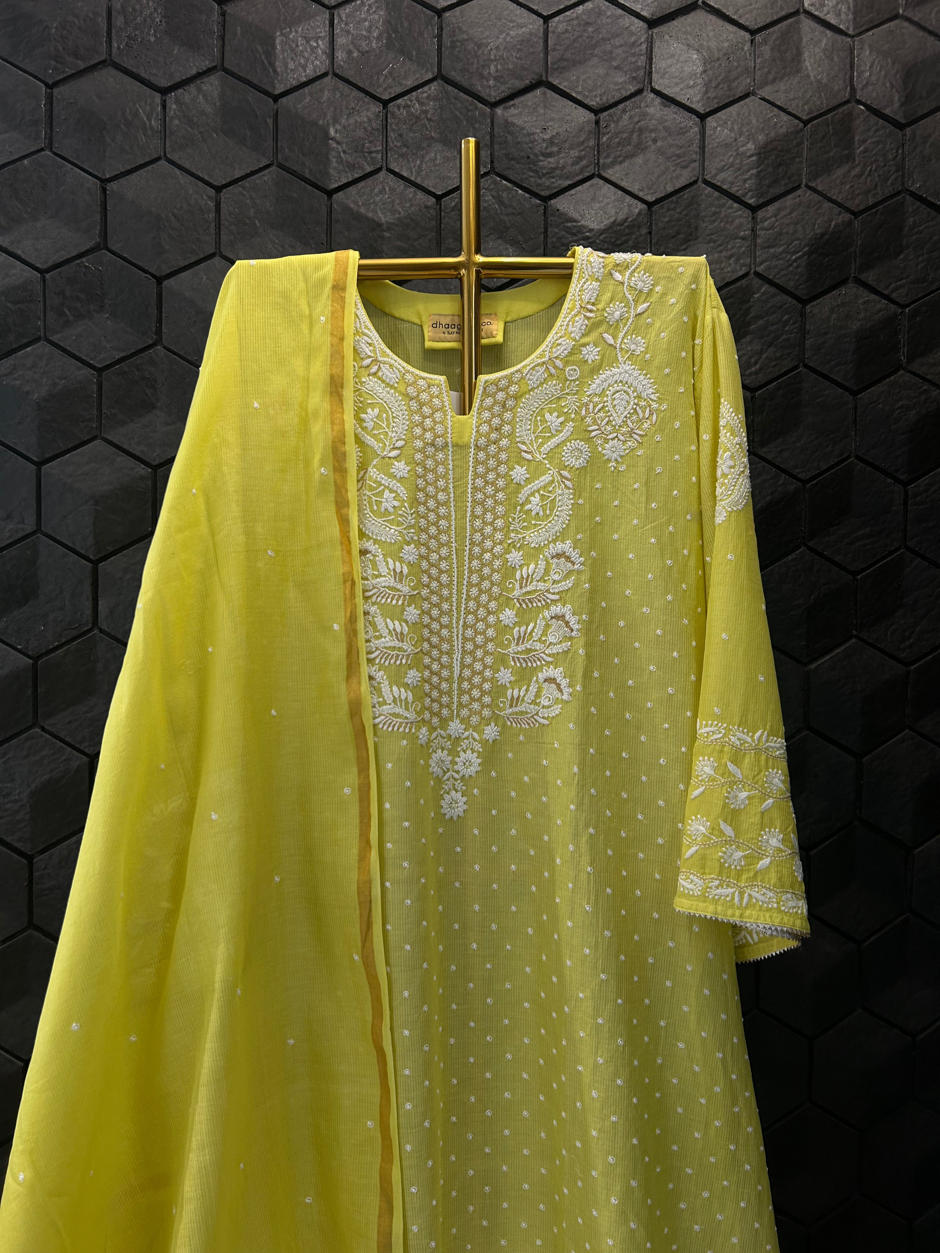 Lime Green Maheshwari Chikankari kurta Set