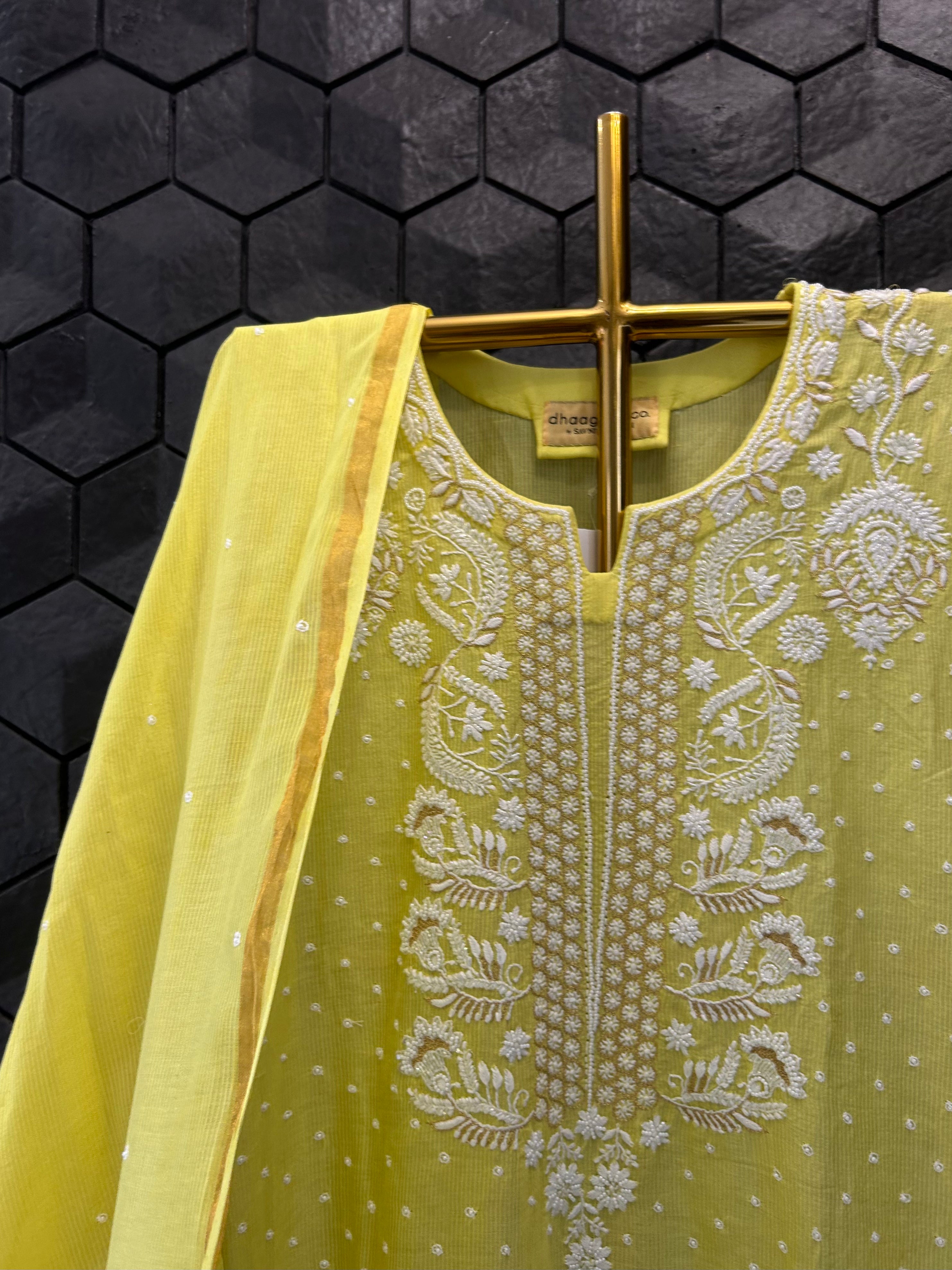 Lime Green Maheshwari Chikankari kurta Set