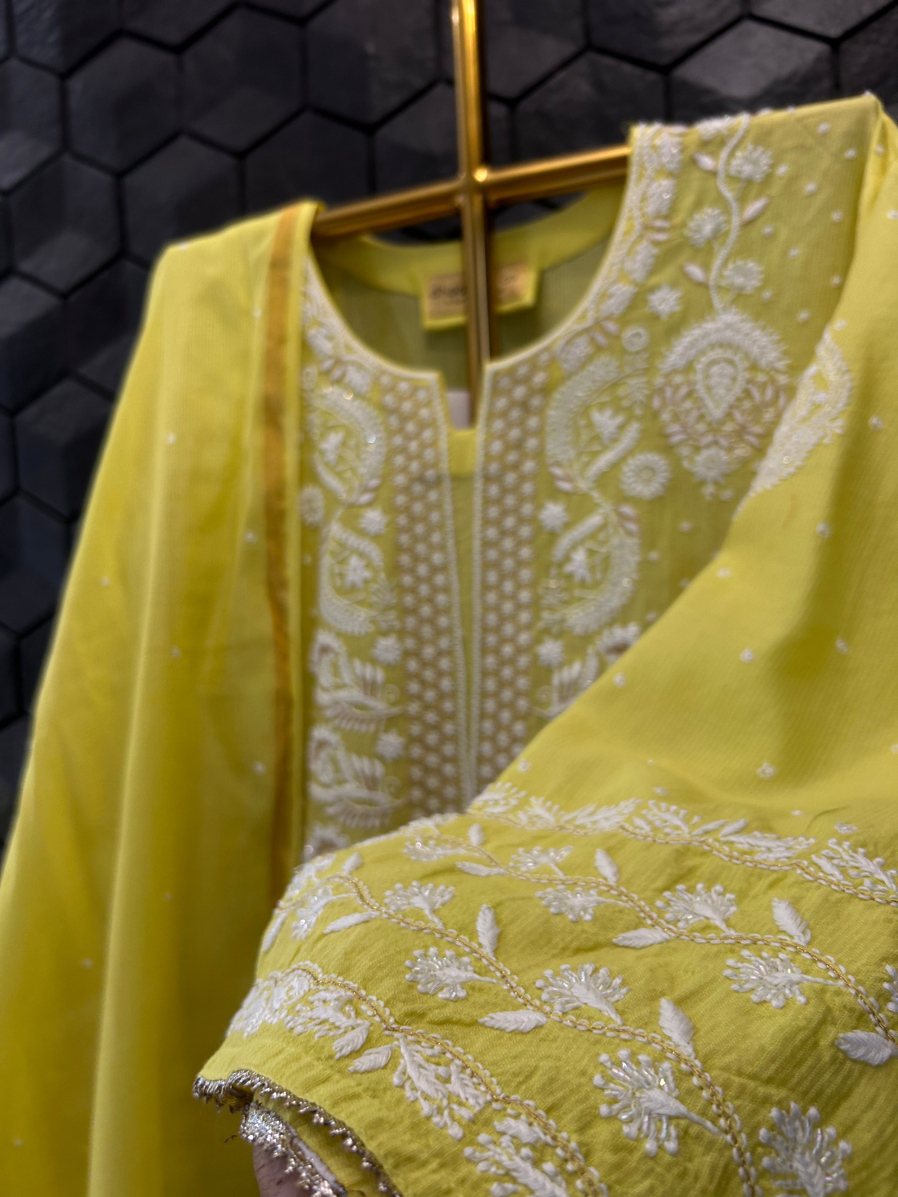 Lime Green Maheshwari Chikankari kurta Set