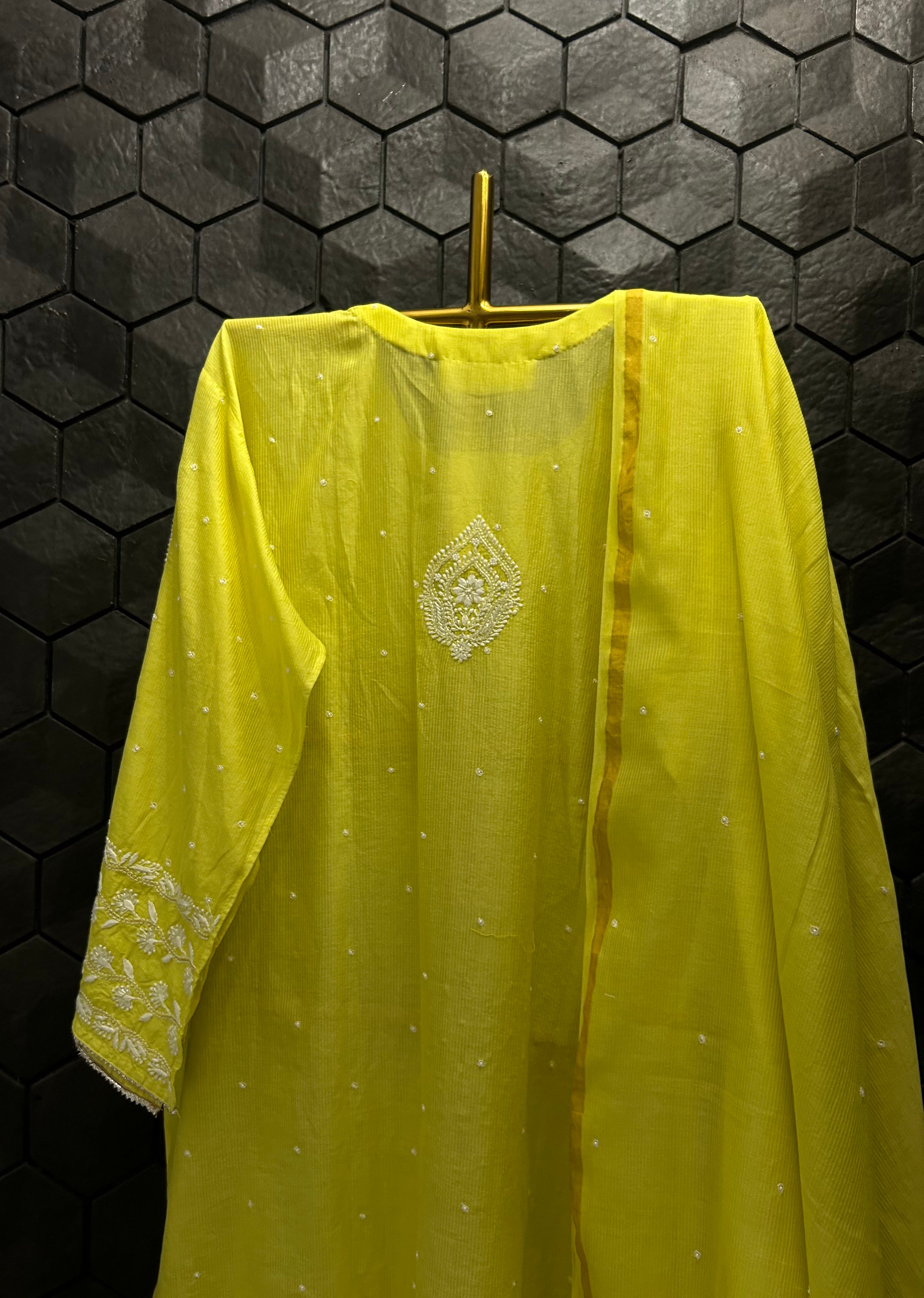 Lime Green Maheshwari Chikankari kurta Set