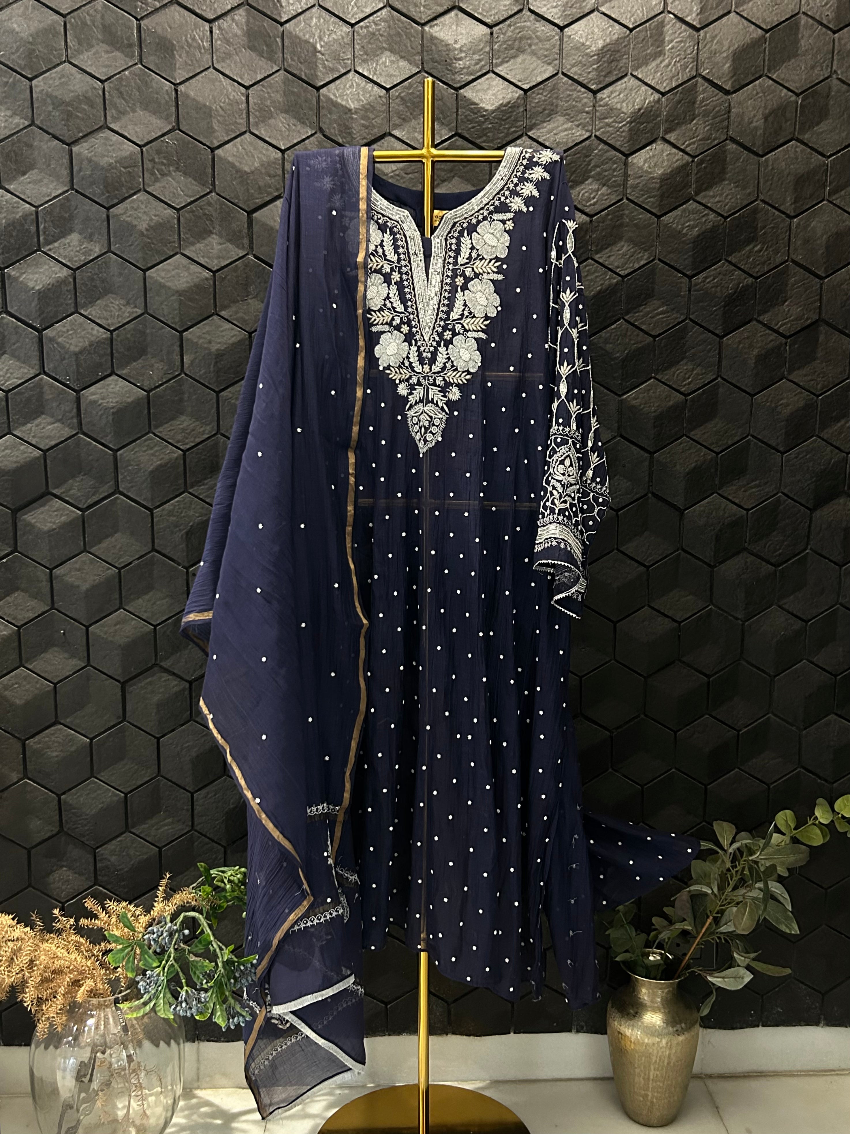 Royal Blue Mul Chanderi Chikankari Anarkali Set