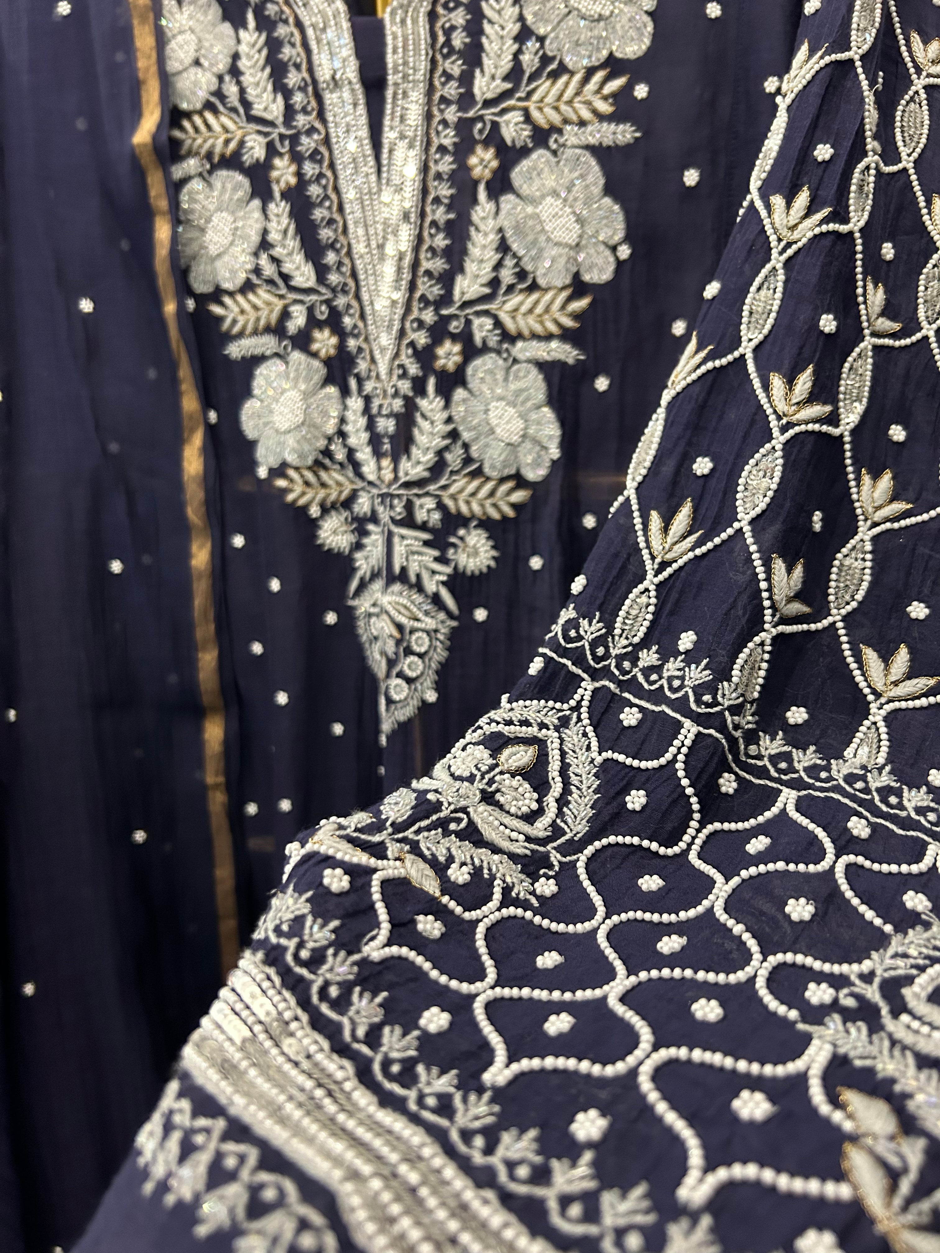 Royal Blue Mul Chanderi Chikankari Anarkali Set