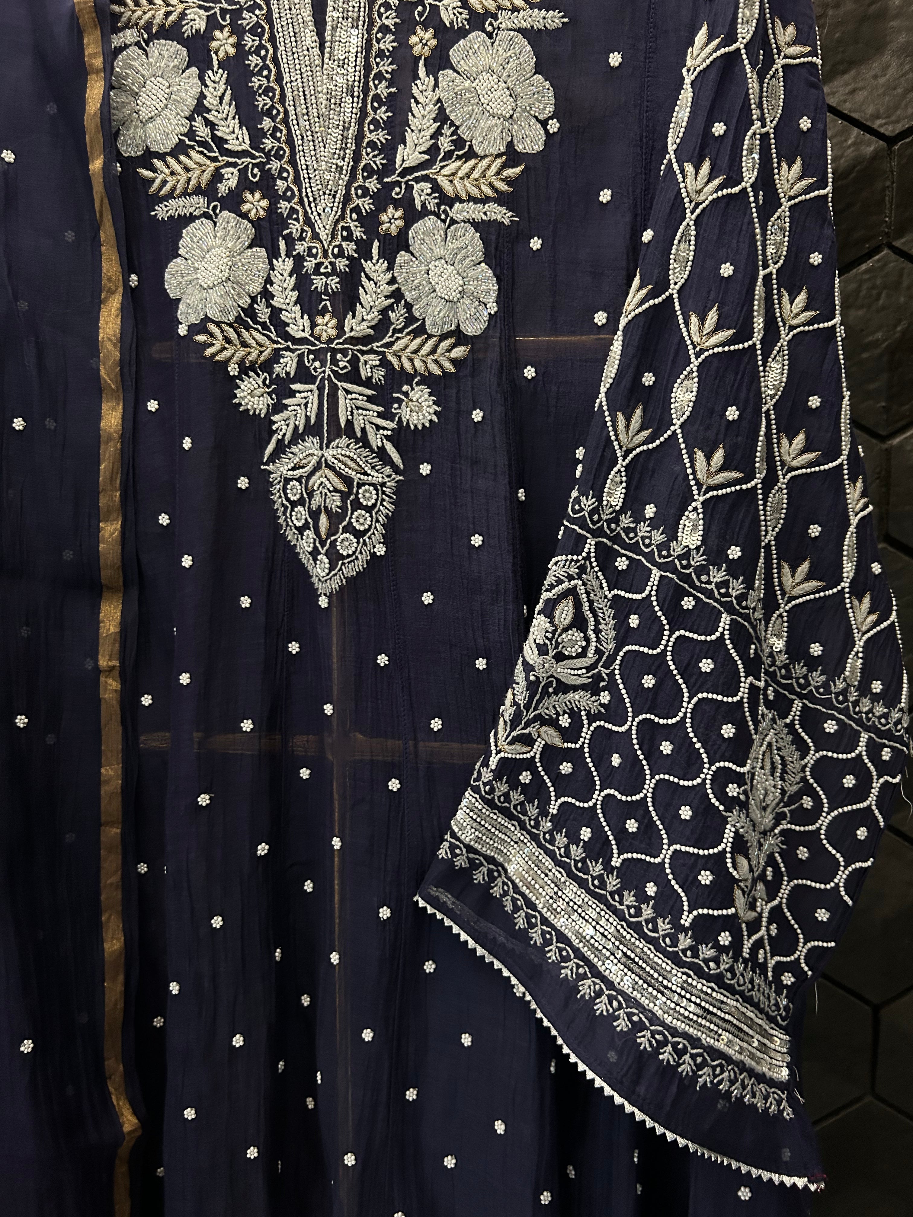 Royal Blue Mul Chanderi Chikankari Anarkali Set