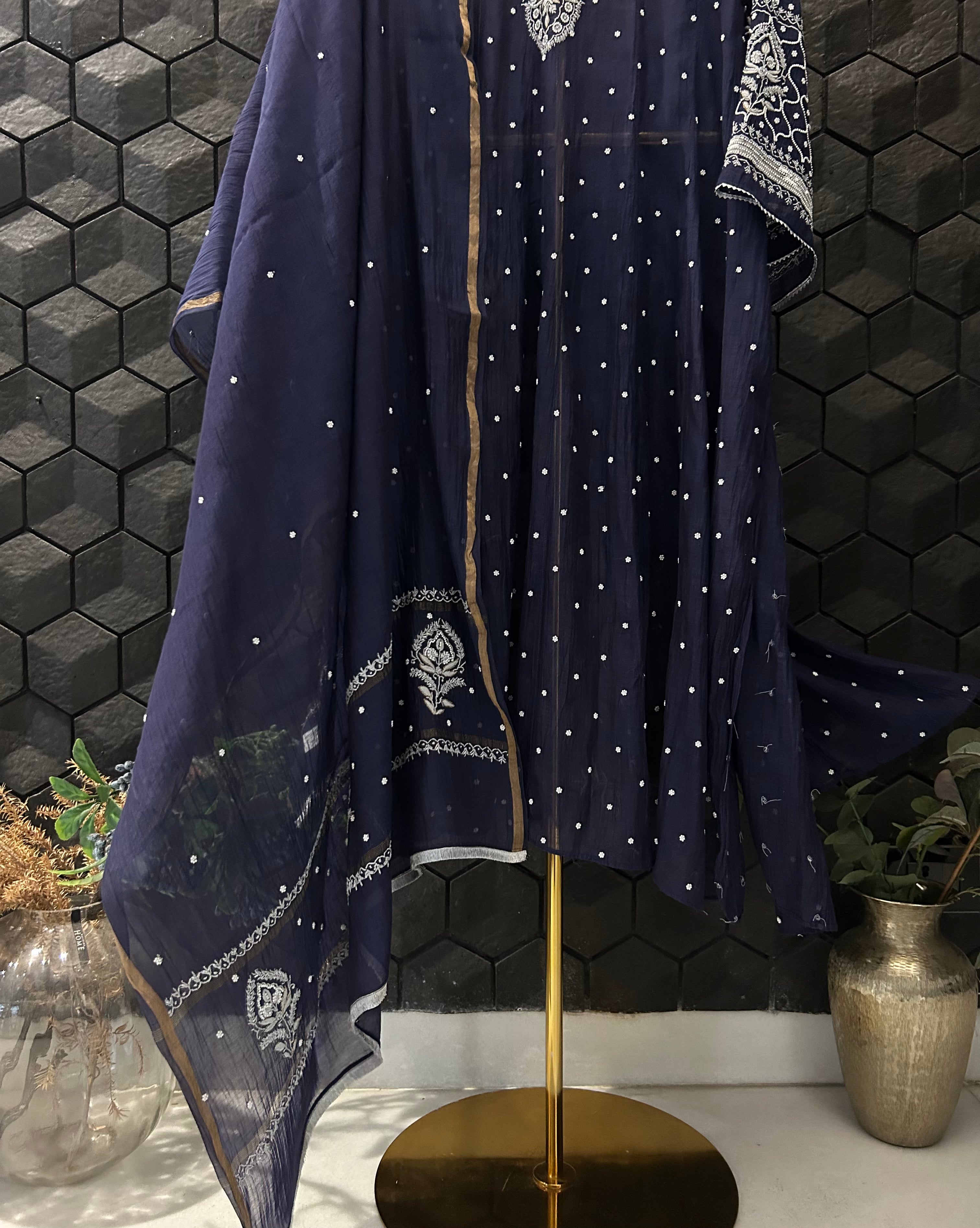 Royal Blue Mul Chanderi Chikankari Anarkali Set