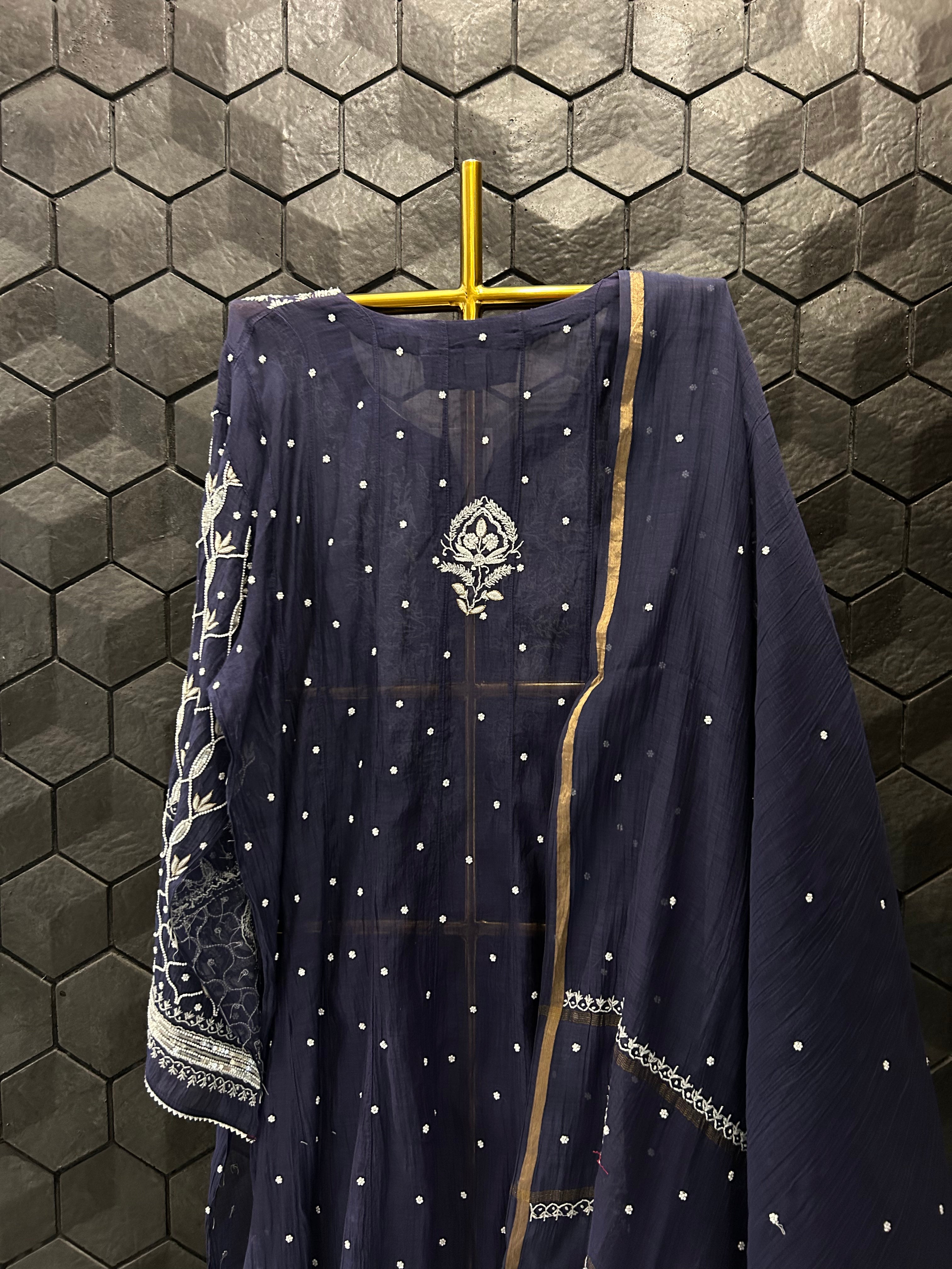 Royal Blue Mul Chanderi Chikankari Anarkali Set