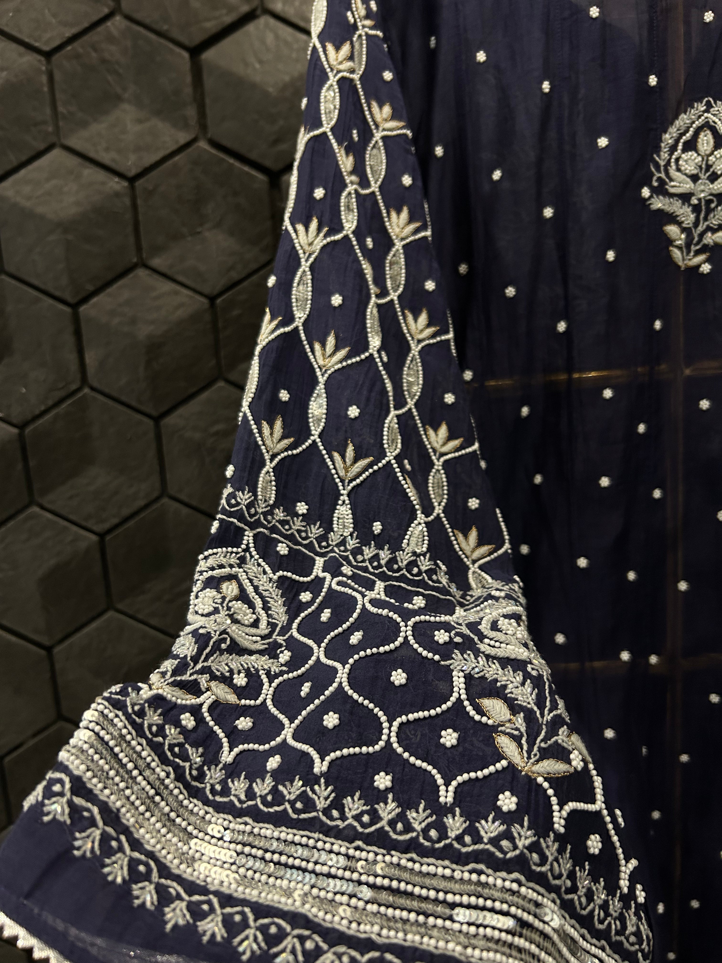 Royal Blue Mul Chanderi Chikankari Anarkali Set