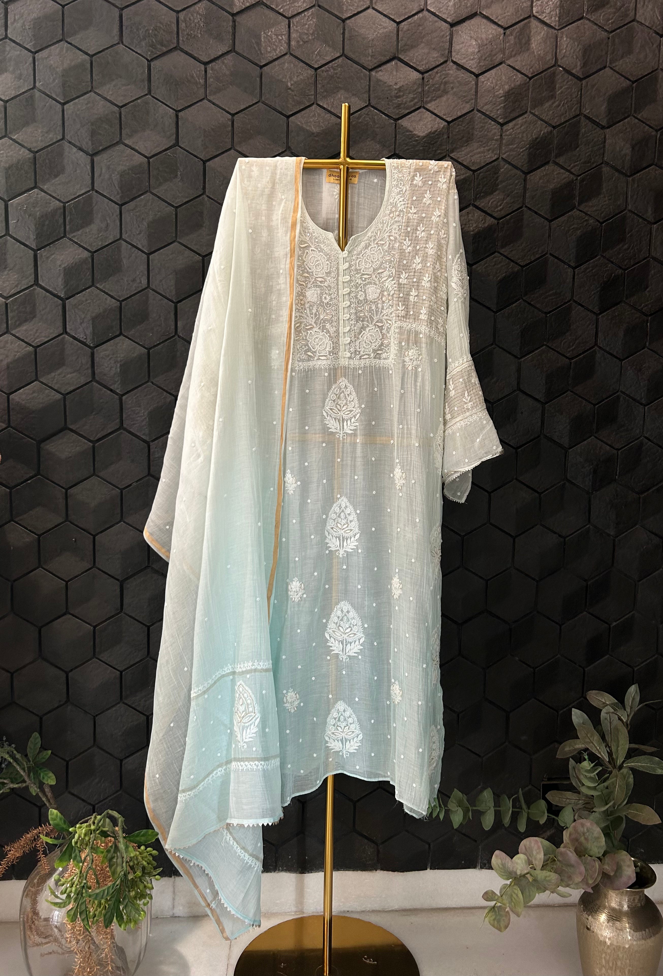 Powder Blue Mul Chanderi Chikankari Kurta Set