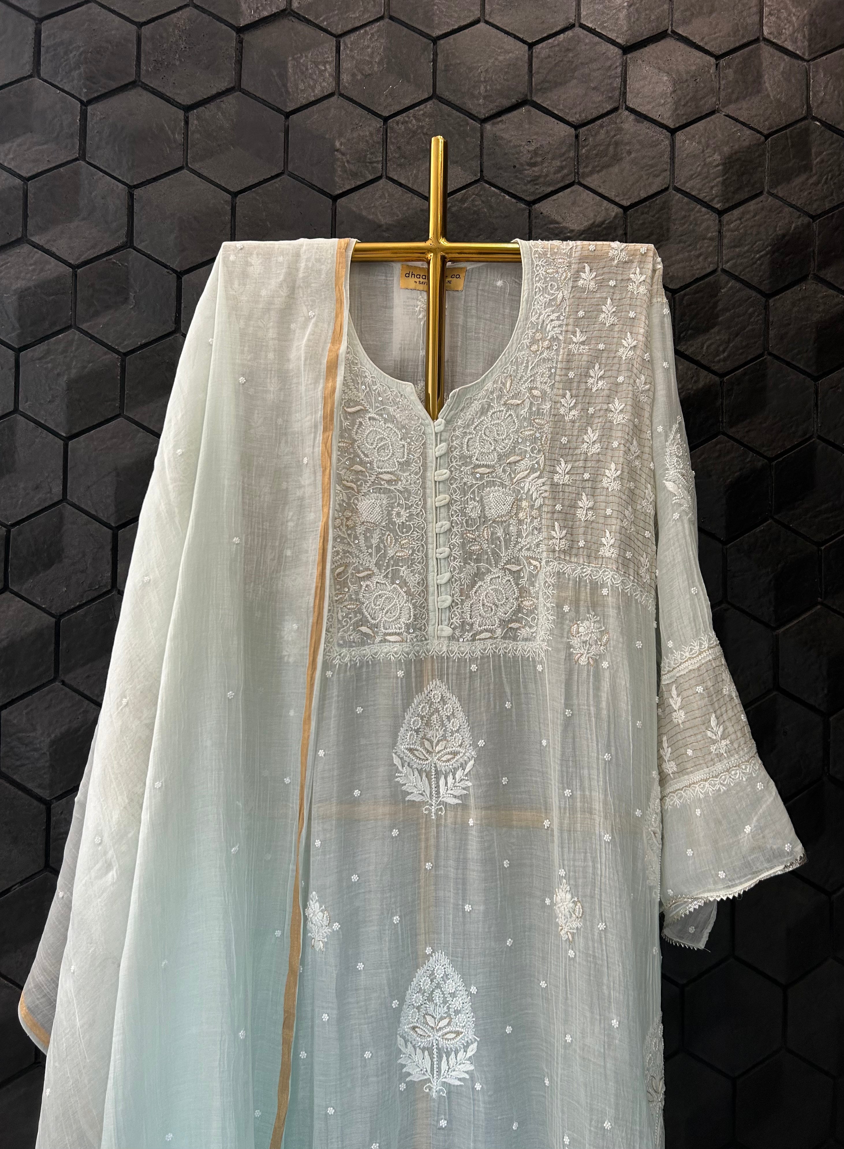 Powder Blue Mul Chanderi Chikankari Kurta Set