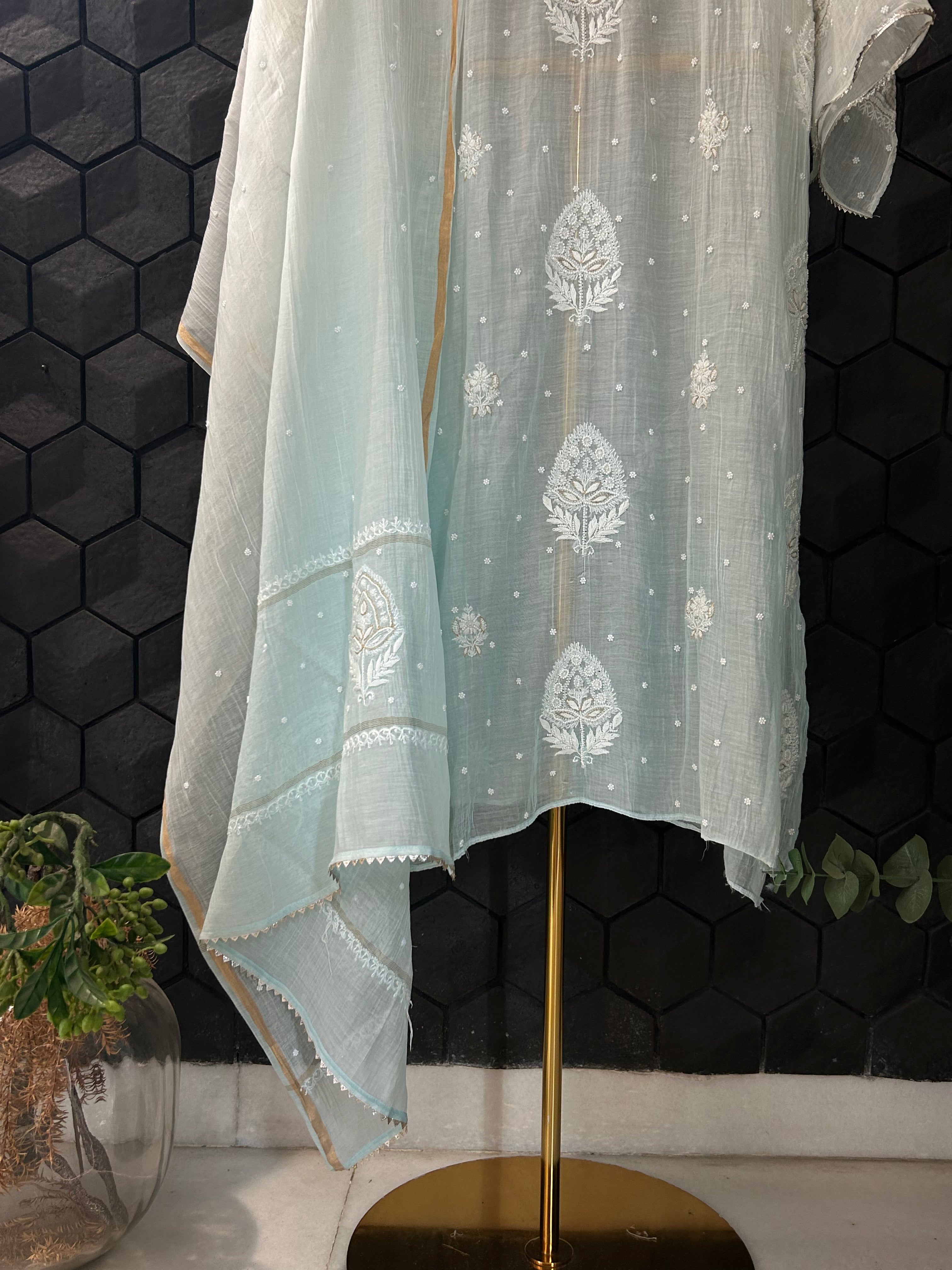 Powder Blue Mul Chanderi Chikankari Kurta Set