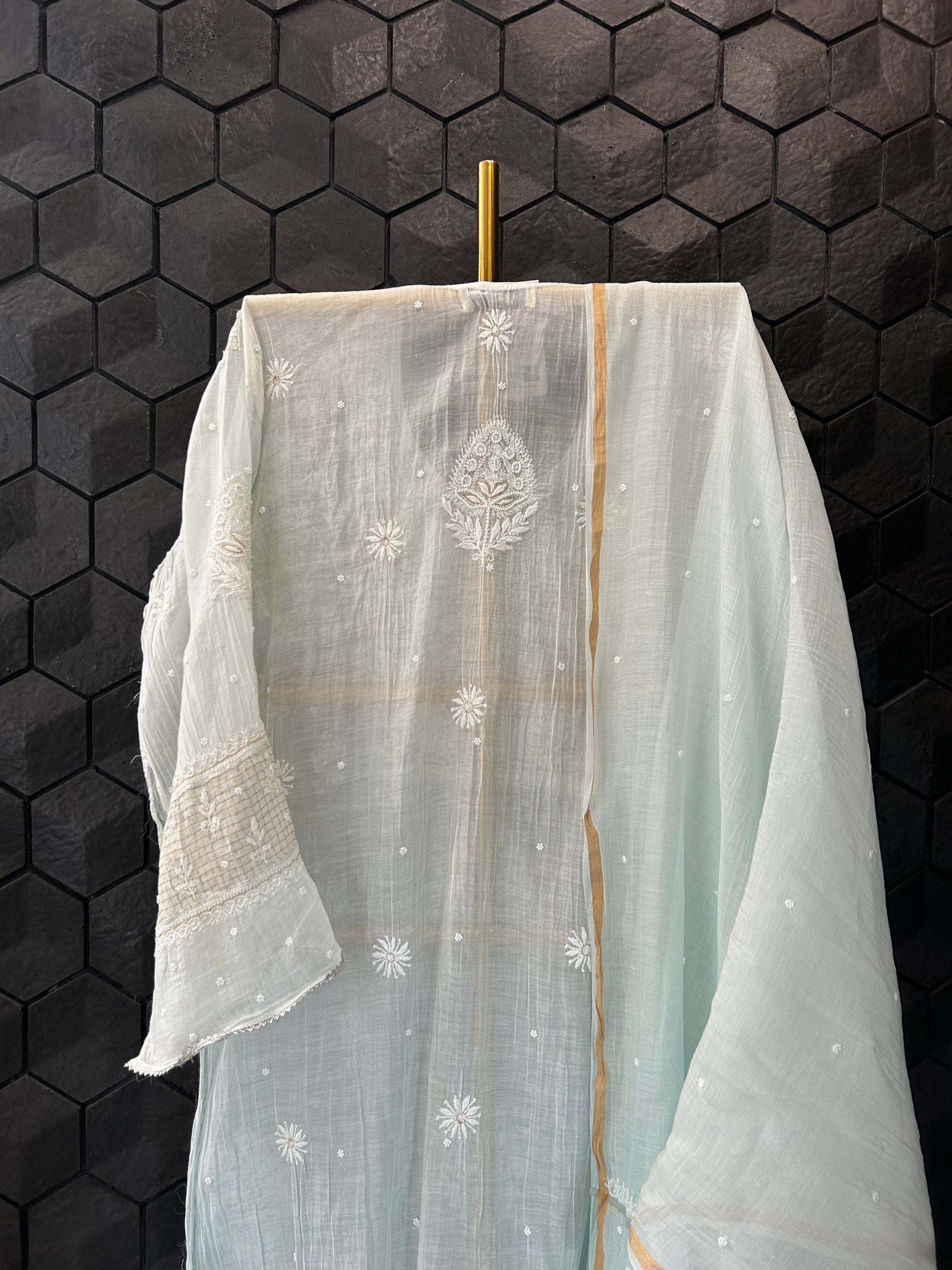 Powder Blue Mul Chanderi Chikankari Kurta Set