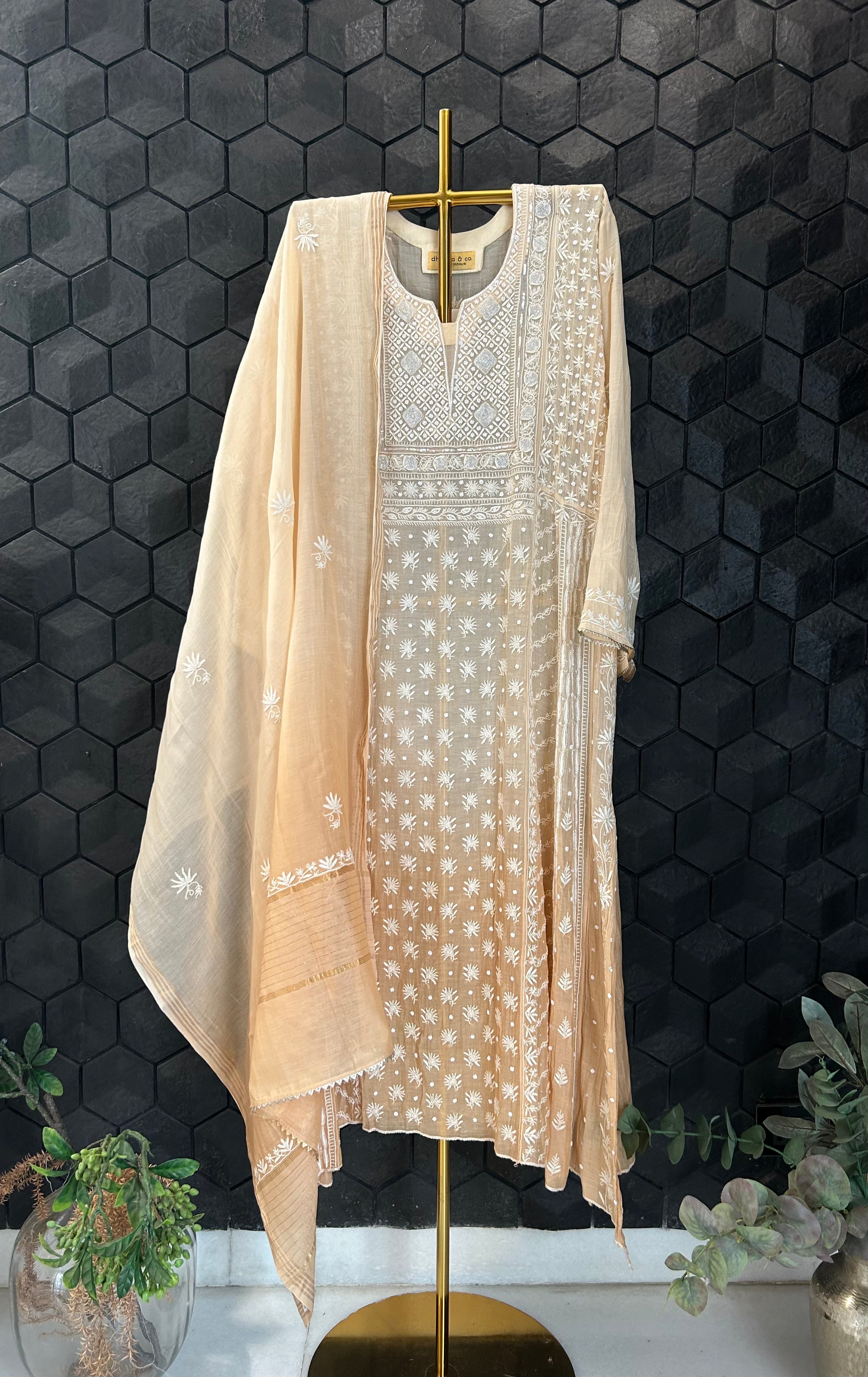 Peach Mul Chanderi Chikankari Anarkali Set