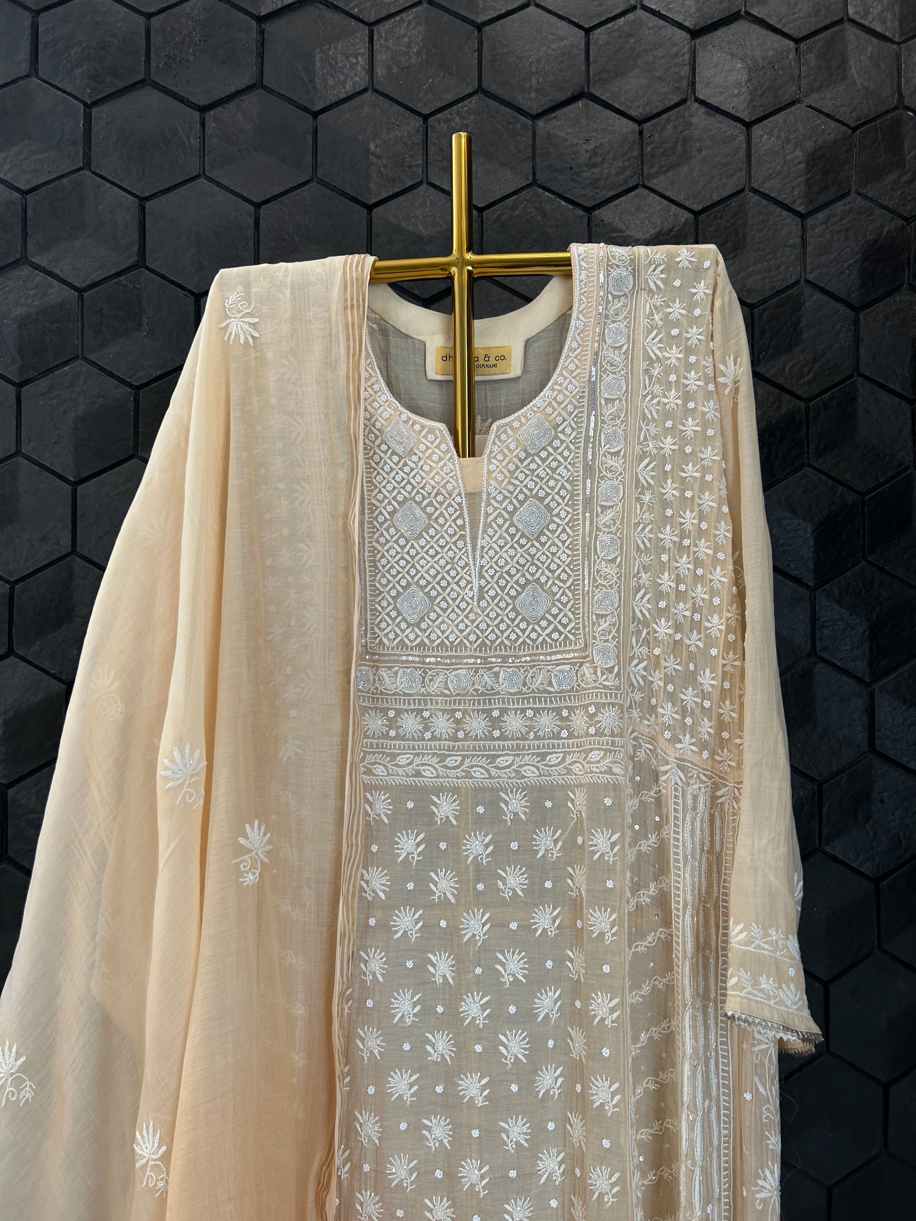 Peach Mul Chanderi Chikankari Anarkali Set