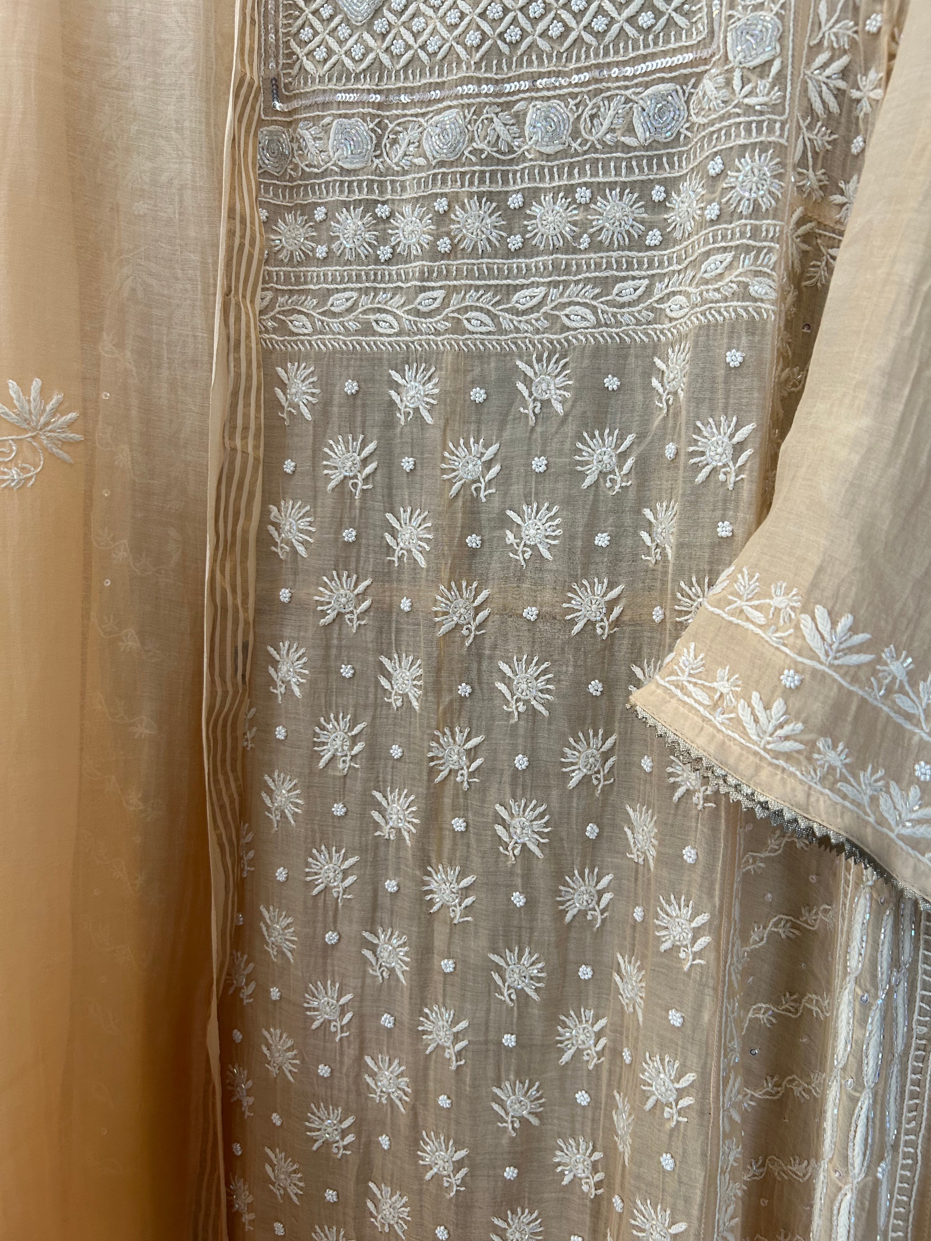 Peach Mul Chanderi Chikankari Anarkali Set