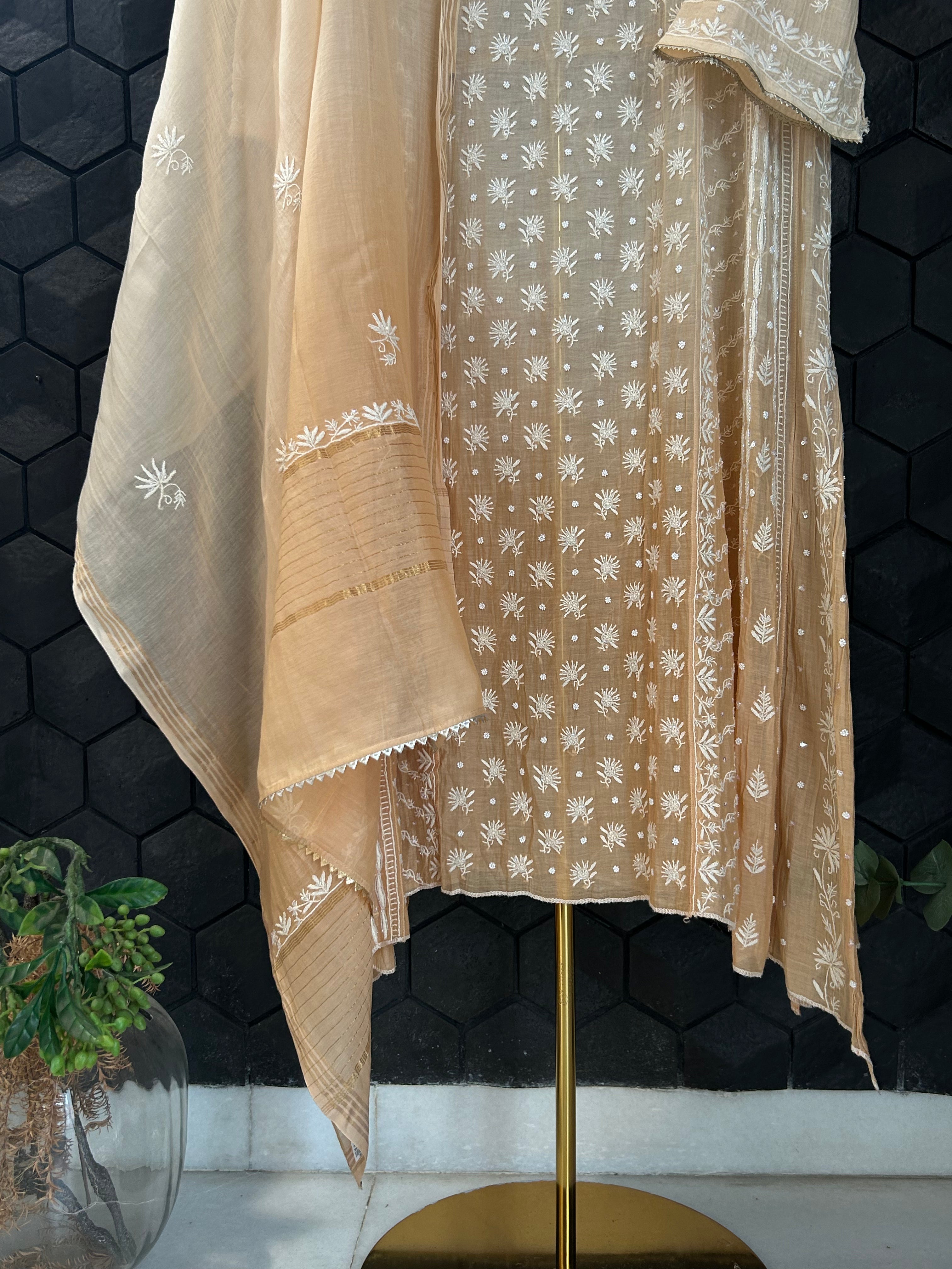 Peach Mul Chanderi Chikankari Anarkali Set