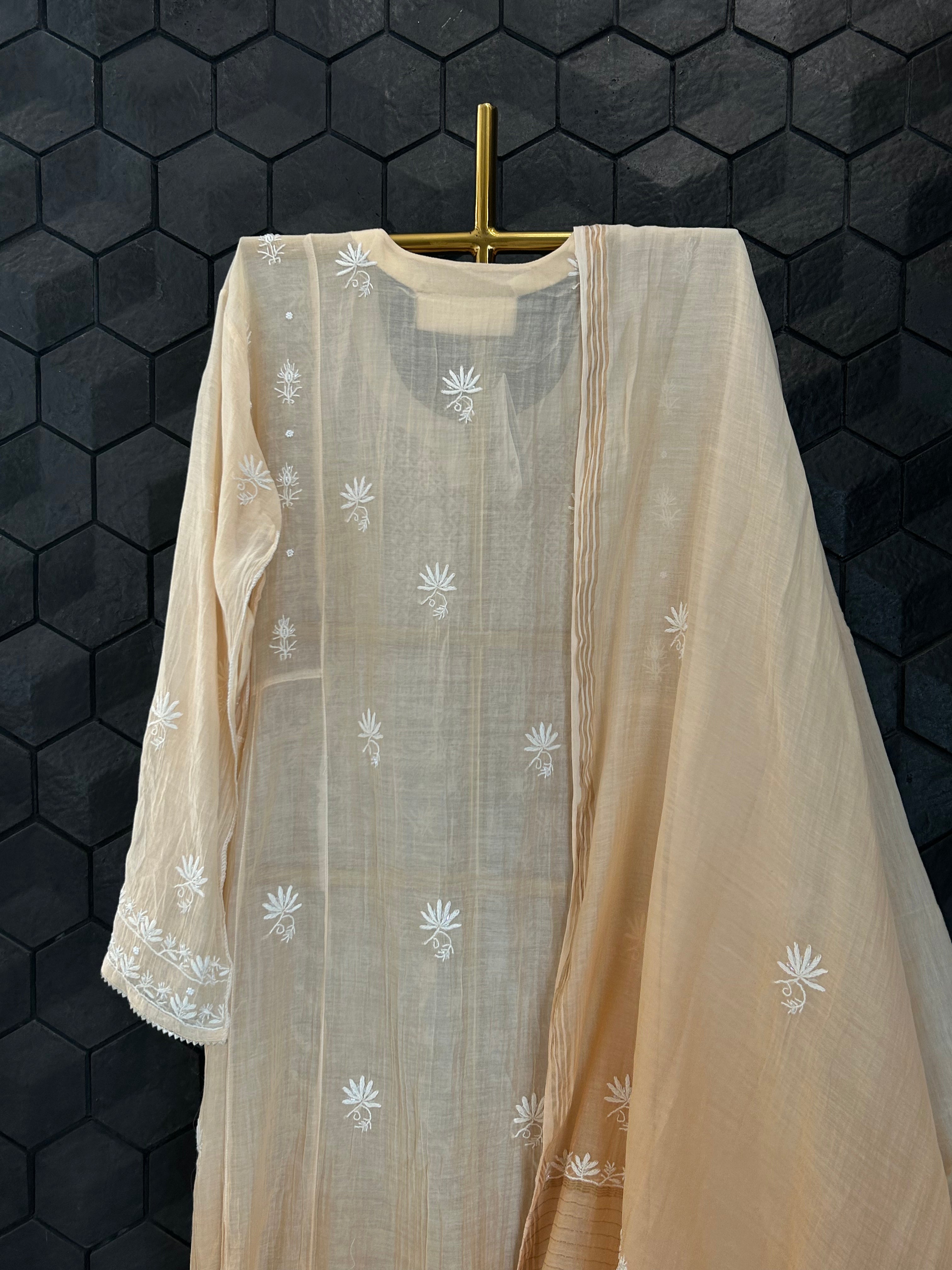 Peach Mul Chanderi Chikankari Anarkali Set