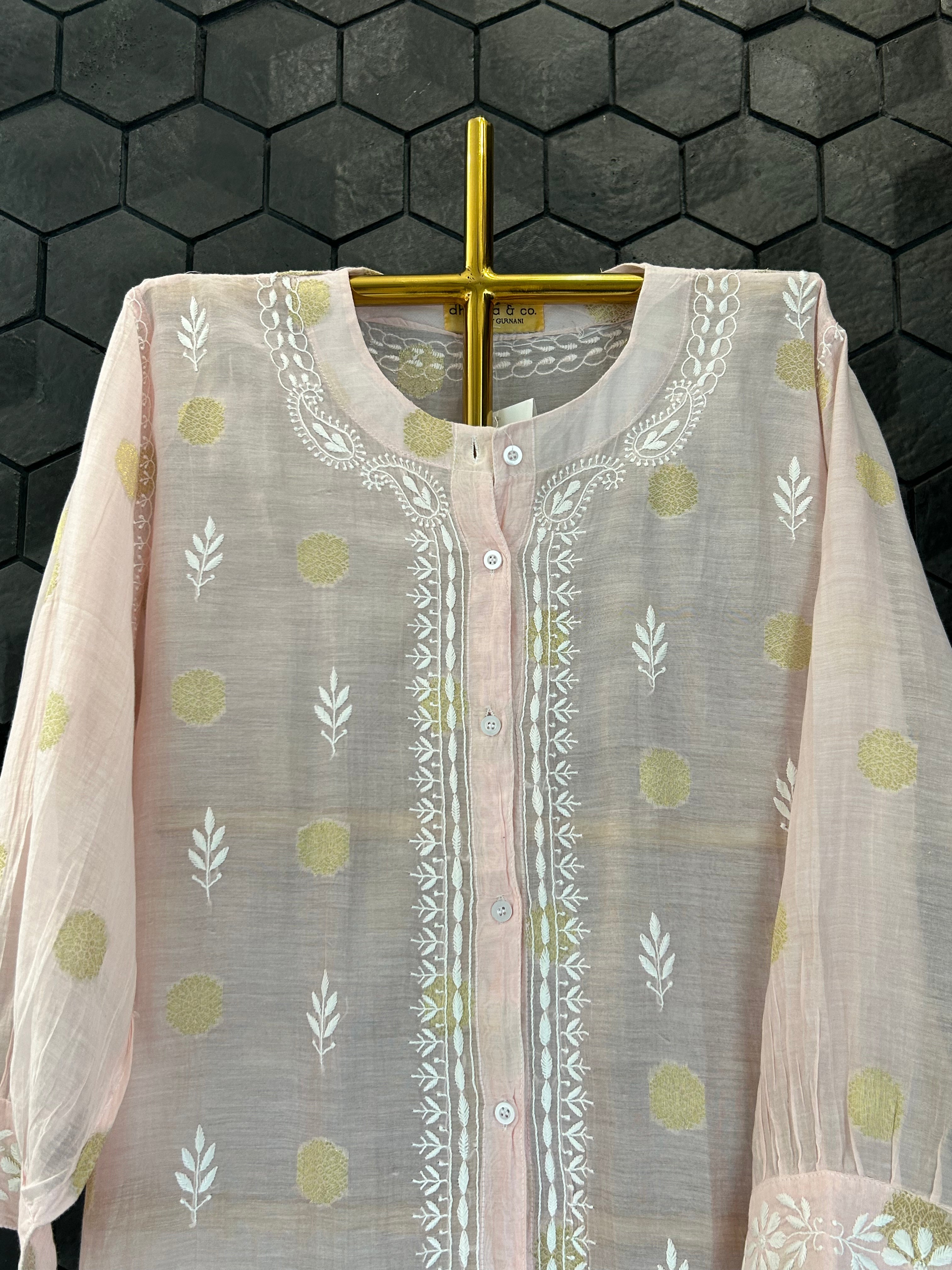 Pink Mul  Chanderi Chikankari Co-ord  Set