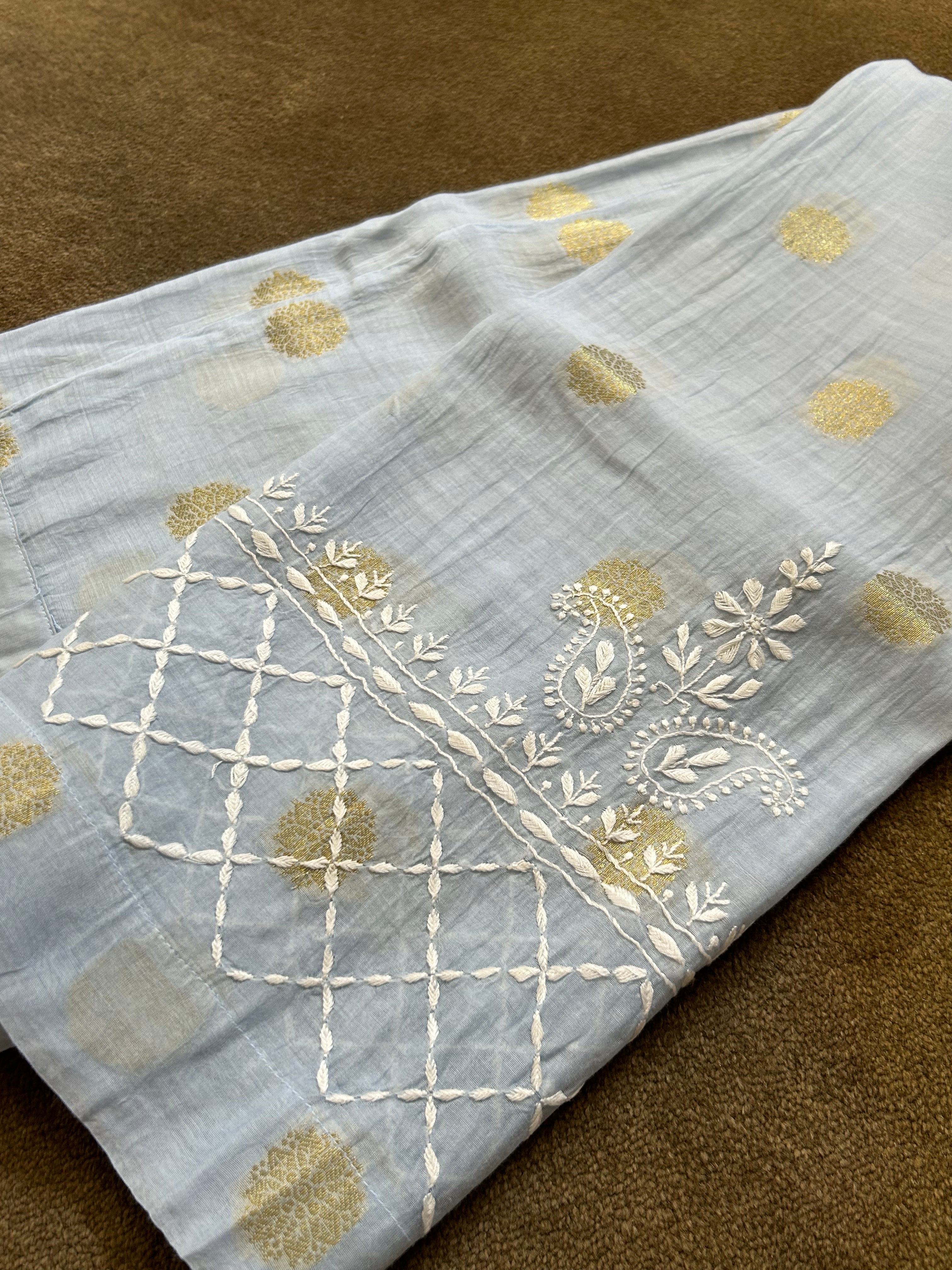 Powder Blue Mul Chanderi Chikankari Co-ord Set