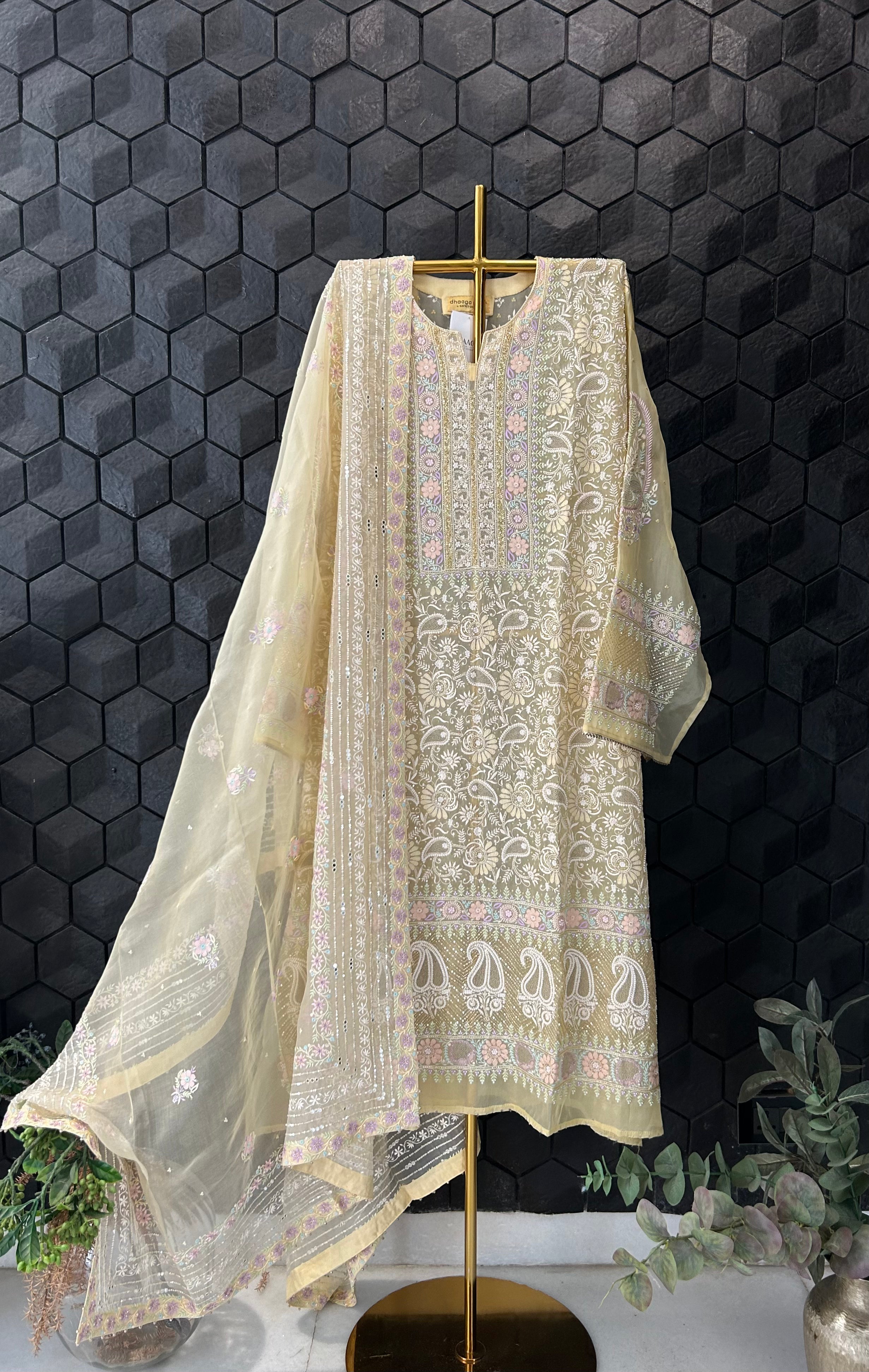 Premium Yellow Organza Chikankari Kurta Set