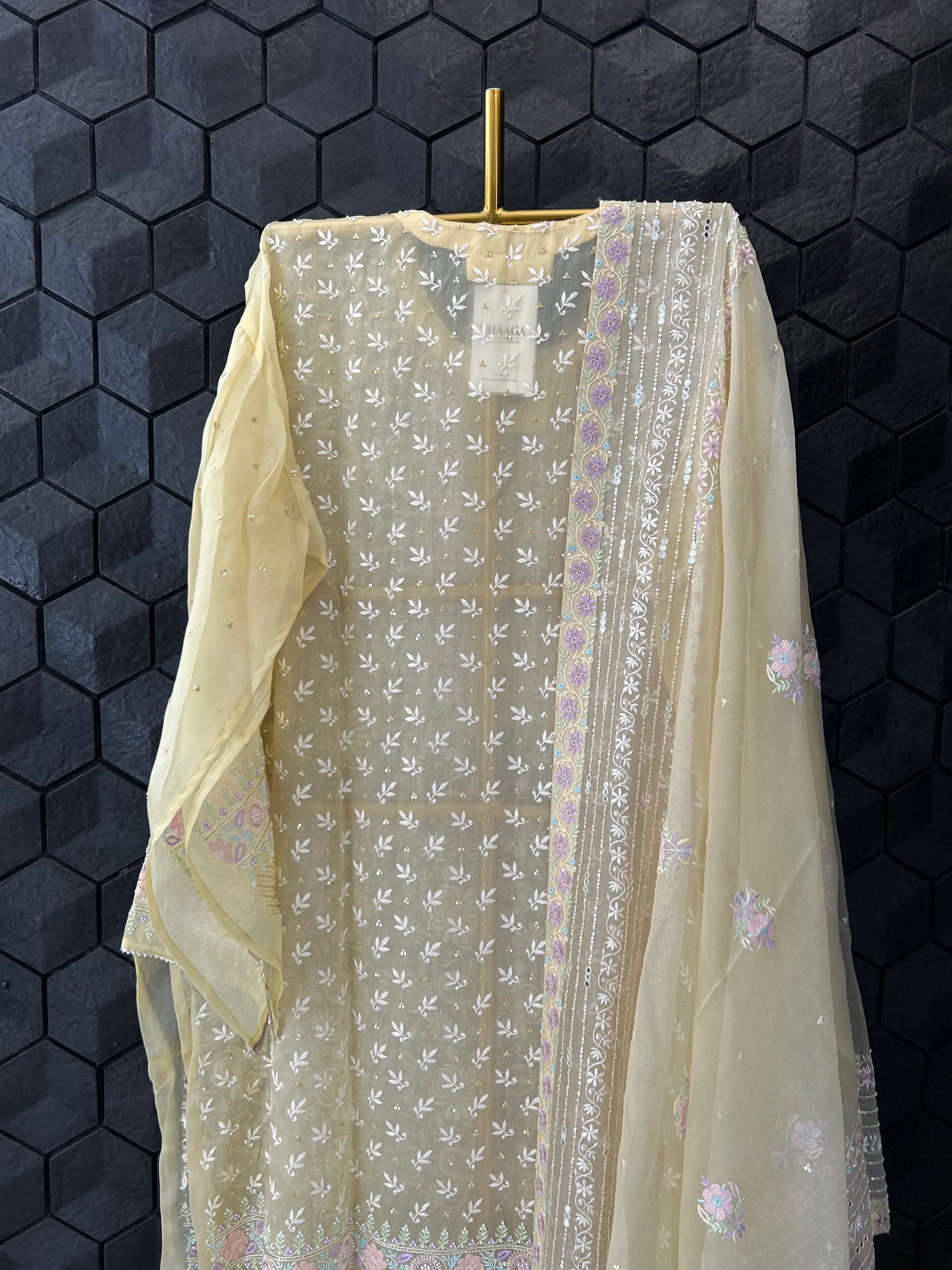 Premium Yellow Organza Chikankari Kurta Set