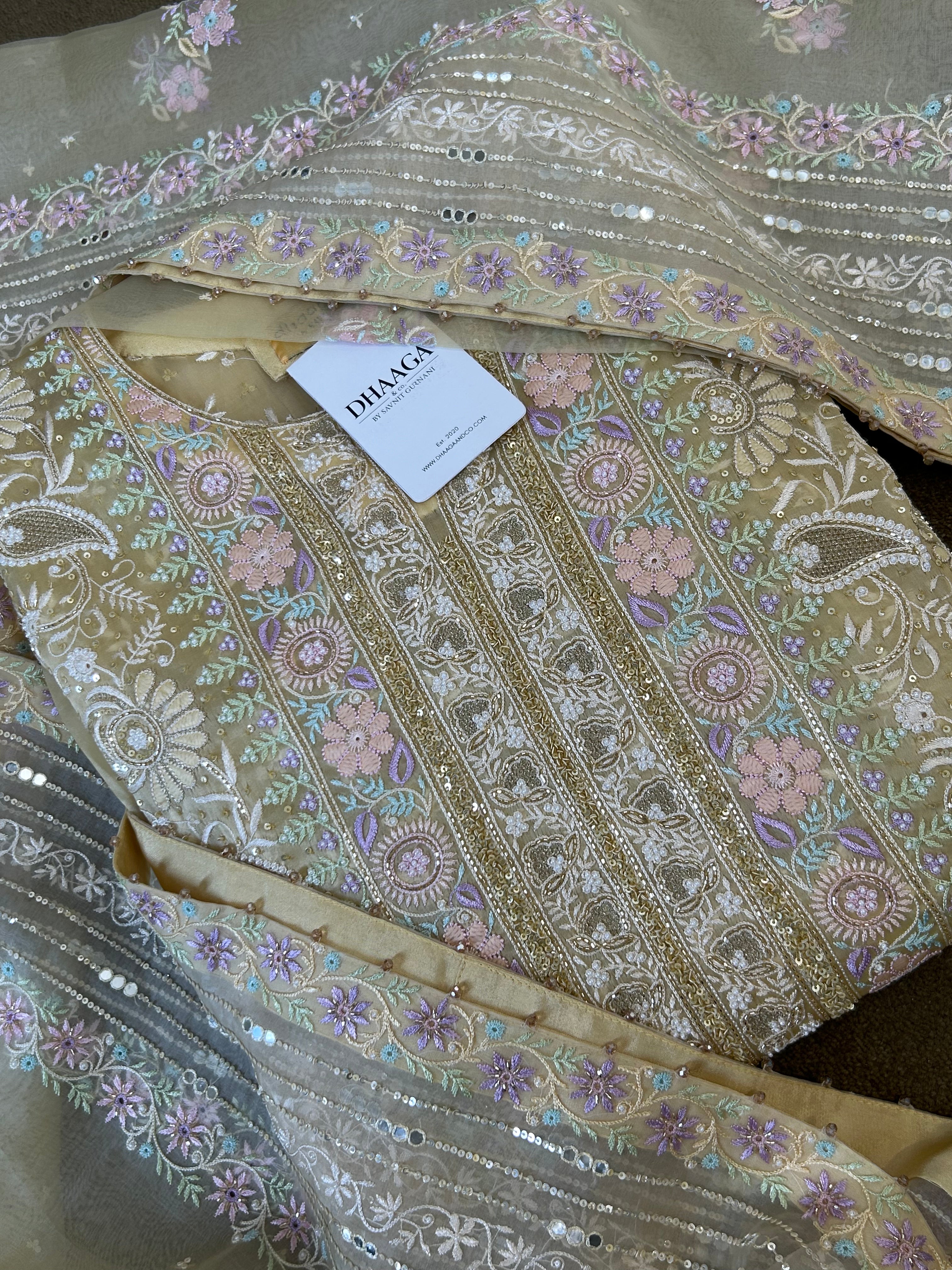 Premium Yellow Organza Chikankari Kurta Set