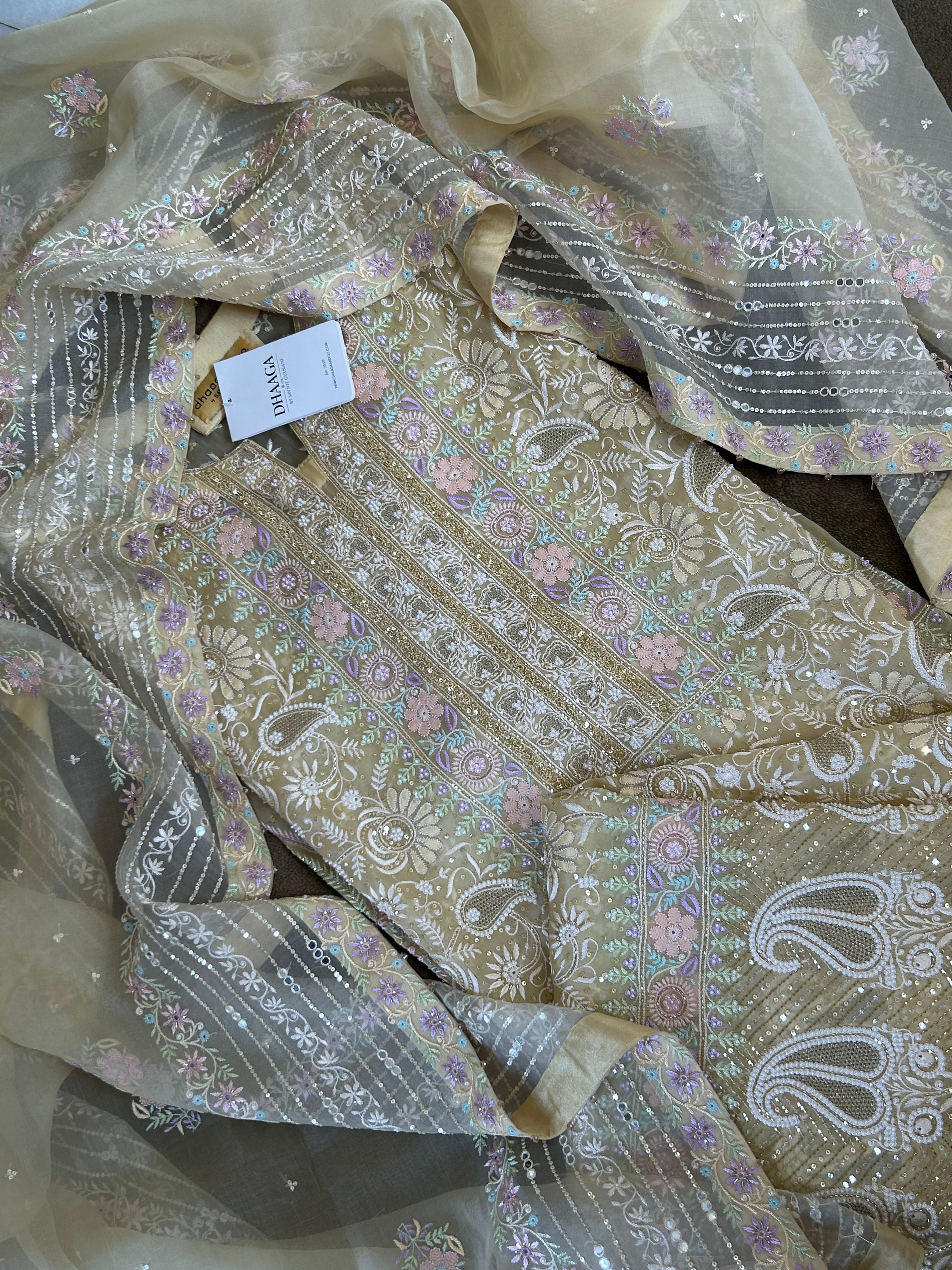 Premium Yellow Organza Chikankari Kurta Set