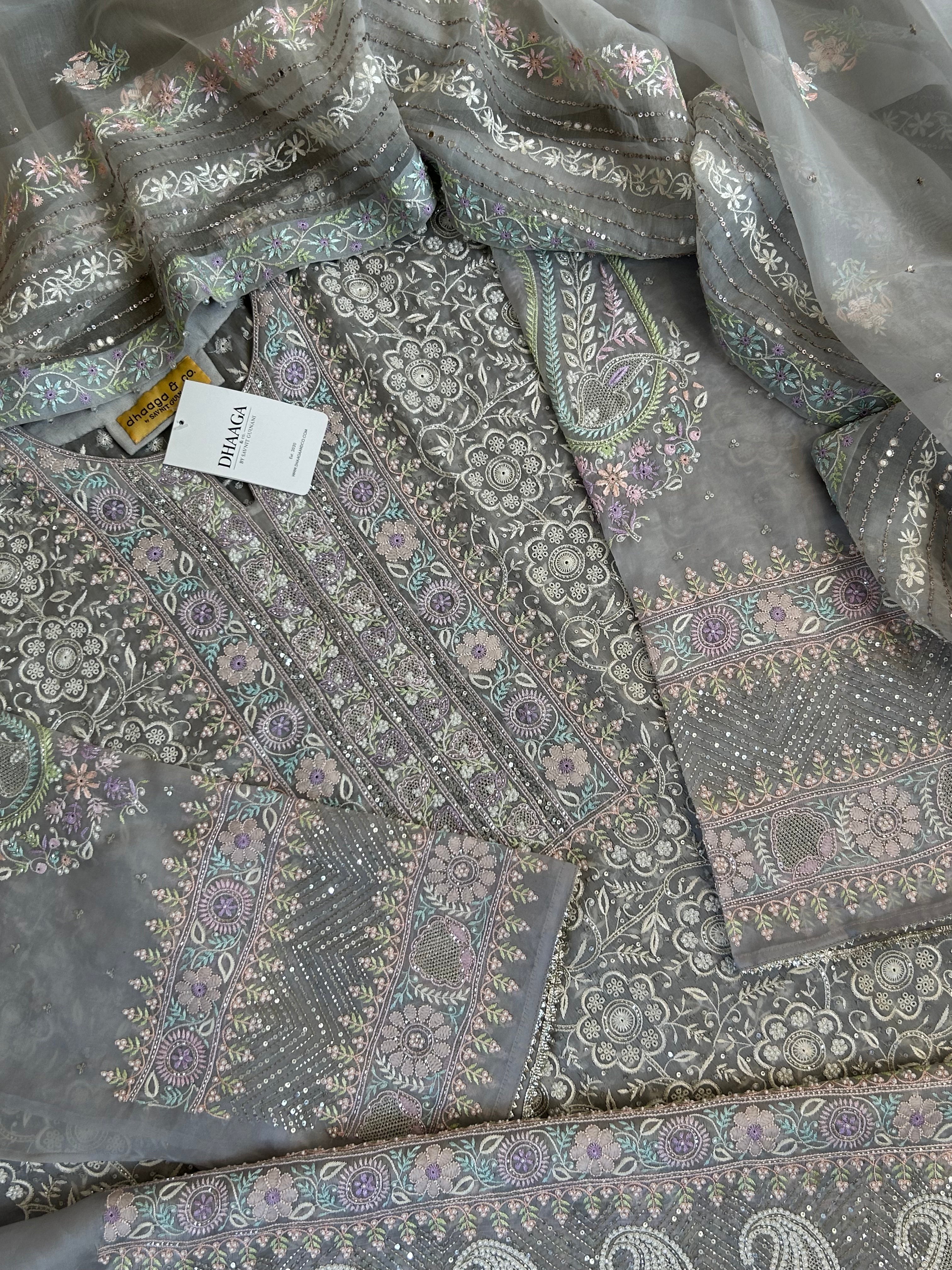 Premium Grey Organza Chikankari Kurta Set