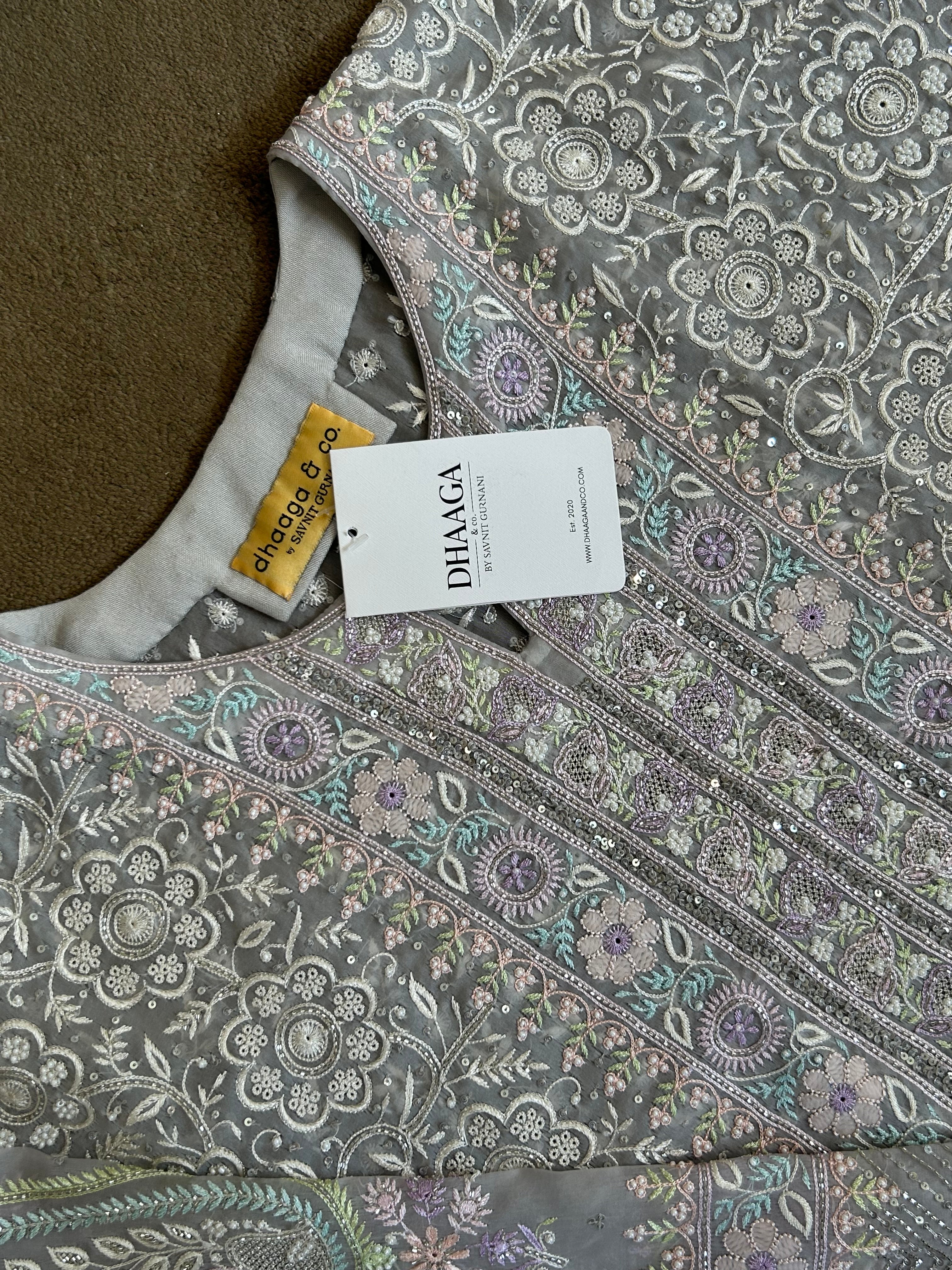 Premium Grey Organza Chikankari Kurta Set